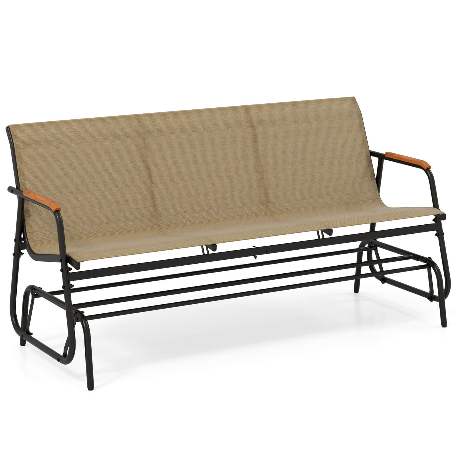 Costway - Patio Glider Bench for 3 Swing Gliding Loveseat with Curved Teak Armrests for Porch - Black + Brown