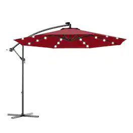 Kadyn - 10 Feet Patio Hanging Solar LED Umbrella Sun Shade with Cross Base-Dark Red, Outdoor Table Umbrella, Yard Umbrella