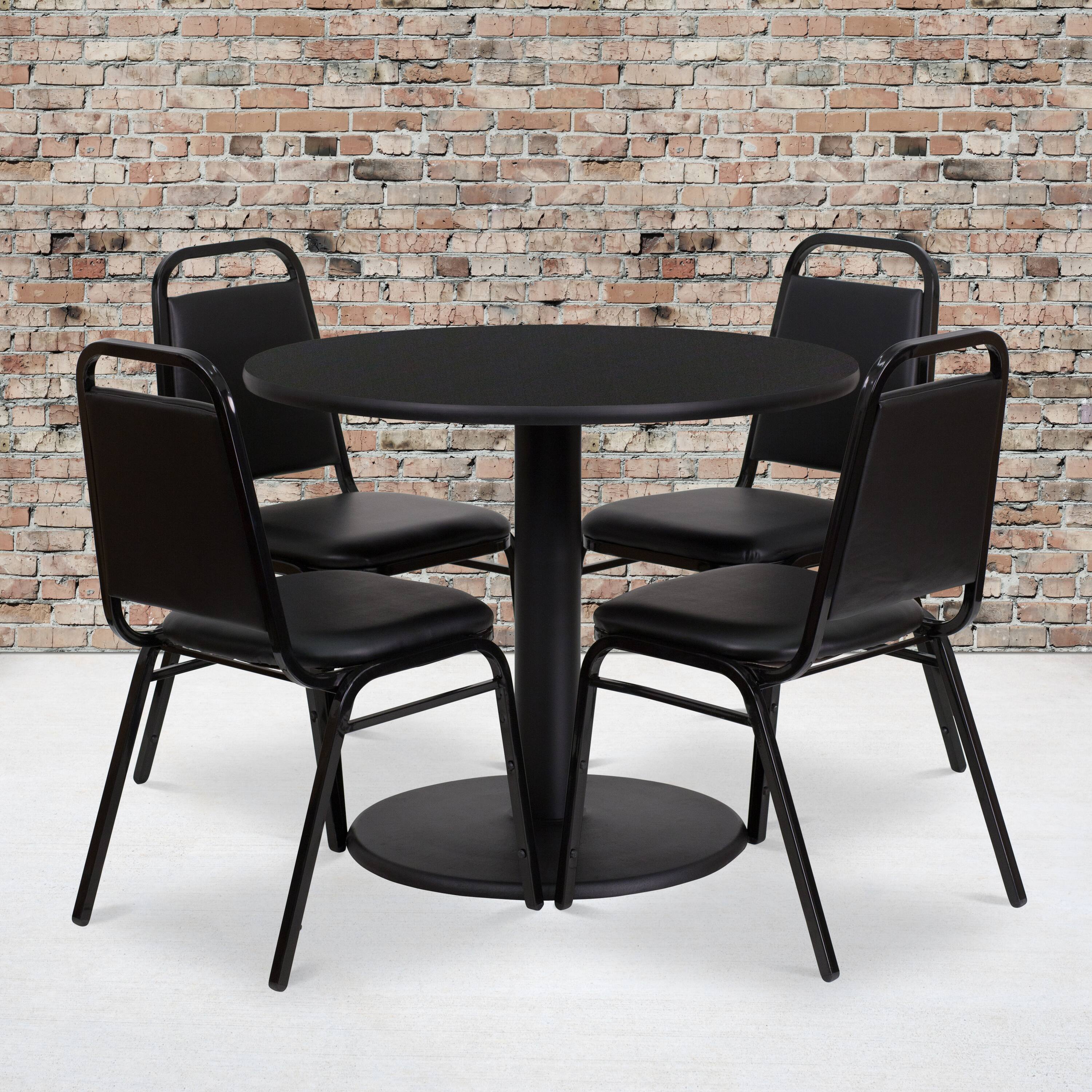 Alt View 1. Emma + Oliver - 36" Round Laminate Table Set with 4 Trapezoidal Banquet Chairs - Black Top/Black Vinyl Seat.