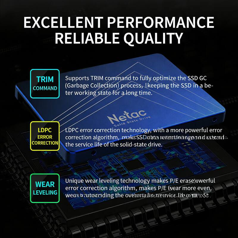 EXCELLENT PERFORMANCE RELIABLE QUALITY

**TRIM COMMAND**
Supports TRIM command to fully optimize the SSD GC (Garbage Collection) process, keeping the SSD in a better working state for a long time.

**LDPC ERROR CORRECTION**
LDPC error correction technology, with a more powerful error correction algorithm, makes SSD data more reliable and extends the service life of the solid-state drive.

**WEAR LEVELING**
Unique wear leveling technology makes P/E (program/erase) cycles more even, extending the overall service life of the SSD.