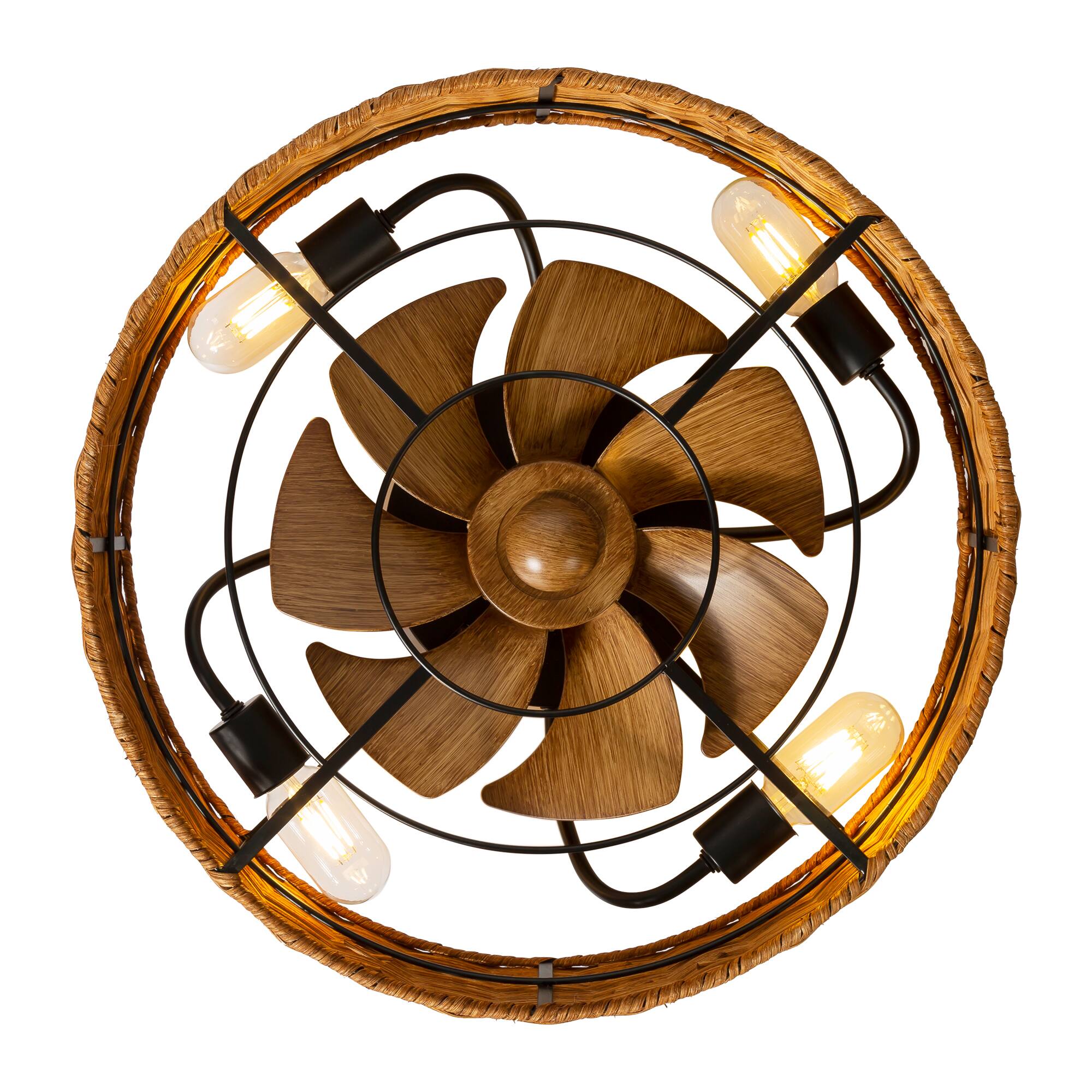 Alt View 8. Breezary - 19" Indoor Caged Rattan Ceiling Fan with LED Light, 7 ABS Blades, 6-Speed DC Motor, Remote Control with Timer - Matte Black and Brown.