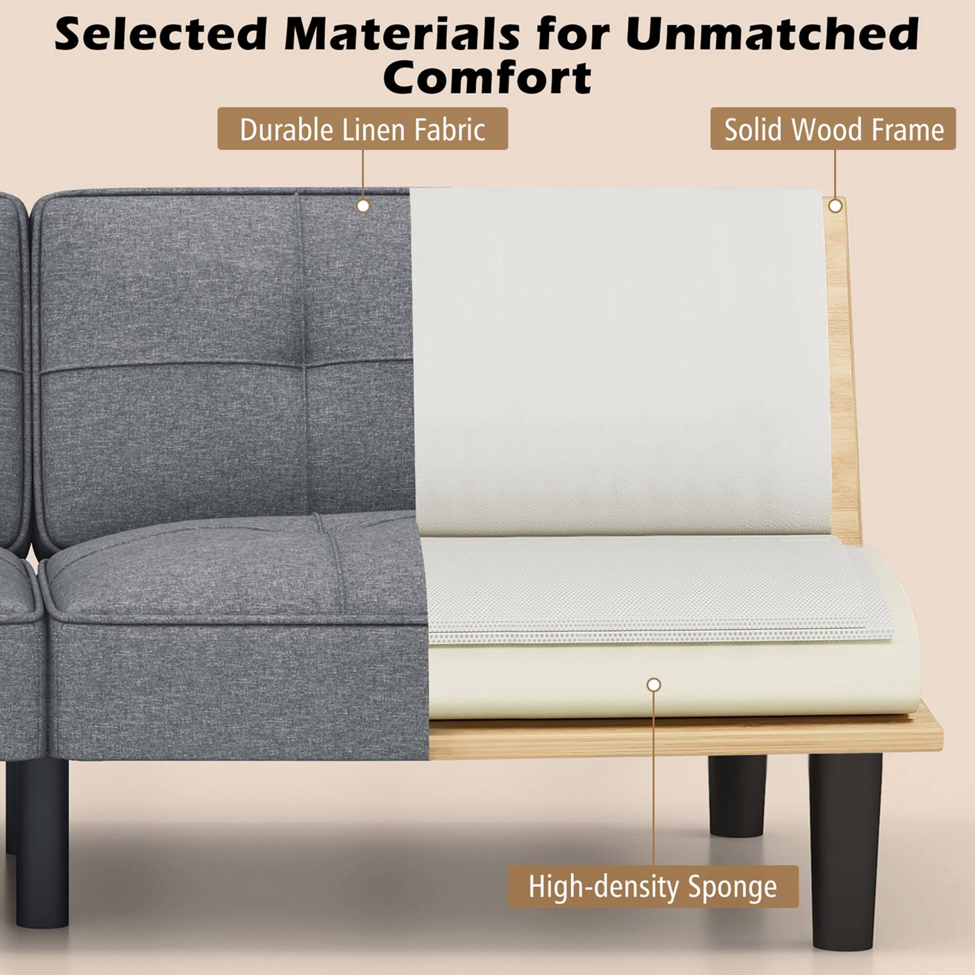 Selected Materials for Unmatched Comfort: Durable Linen Fabric, Solid Wood Frame, High-density Sponge.