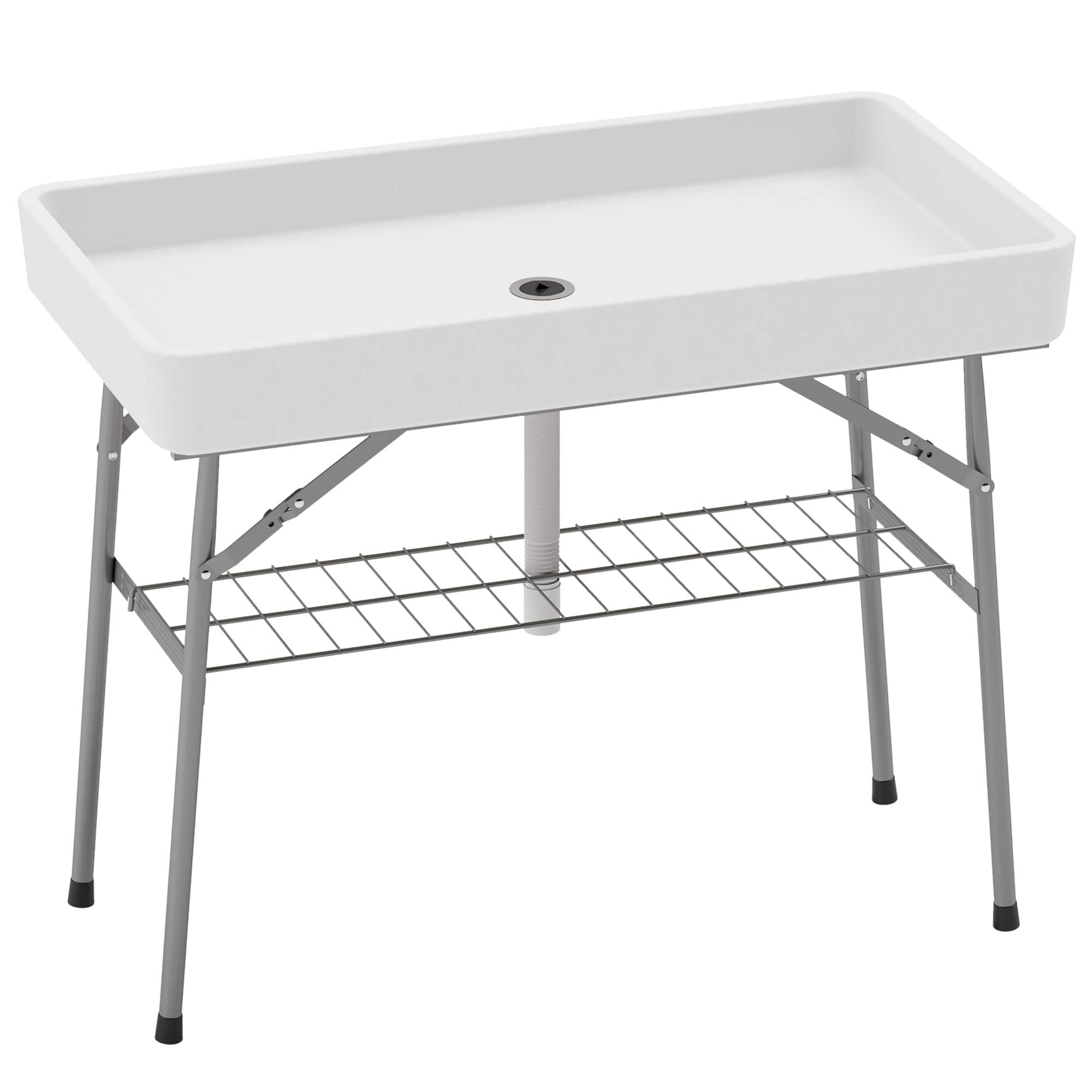 Outsunny - 3.4ft Folding Ice Cooler Table with Drain, Fill and Chill Table Outdoor Table Cooler with Storage Shelf - White