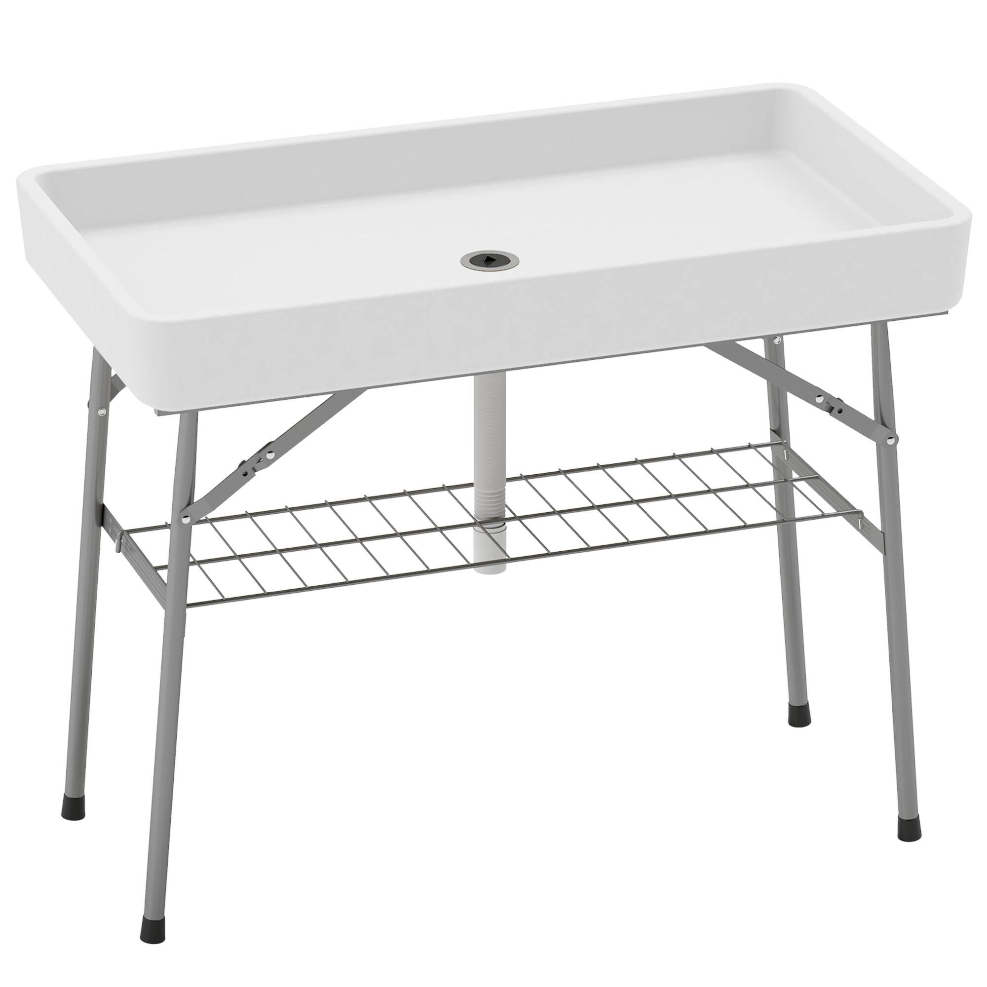 Front. Outsunny - 3.4ft Folding Ice Cooler Table with Drain, Fill and Chill Table Outdoor Table Cooler with Storage Shelf - White.