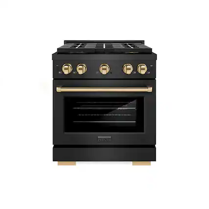 Front. ZLINE - Autograph 30 in. 4.2 cu. ft. Manual Clean Freestanding DuoPro Gas Range in Black Satin Stainless Steel and Gold Accents - Black Satin Stainless Steel.