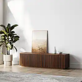 POVISON - 59" Modern Wood TV Stand, Minimalist Slatted Entertainment Center Fully-Assembled, Perfect for 45-inch TVs - Walnut Color