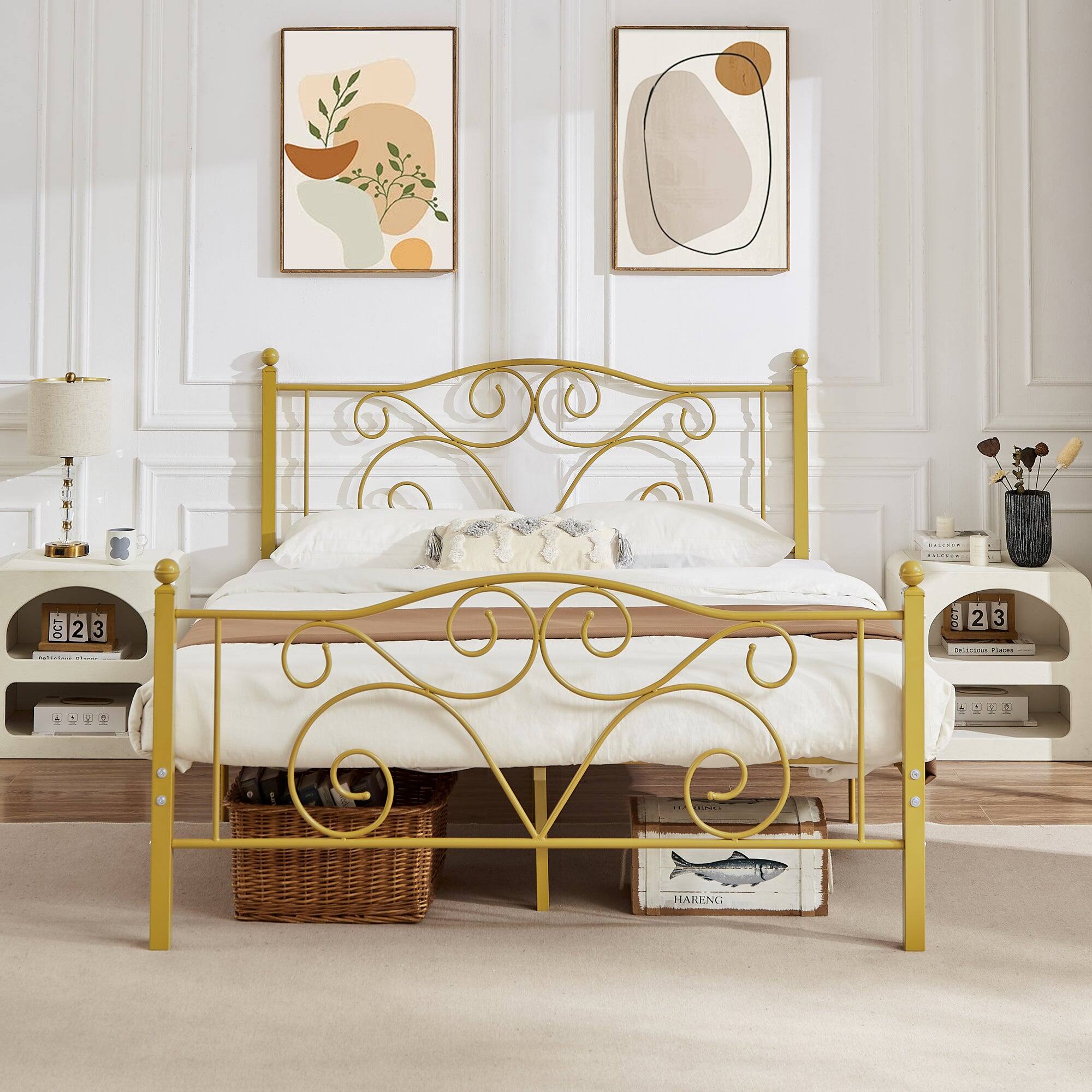 Vecelo - Queen Bed Frame with Headboard & Footboard, Heavy Duty Steel Slats - No Box Spring, Easy Assembly - Gold