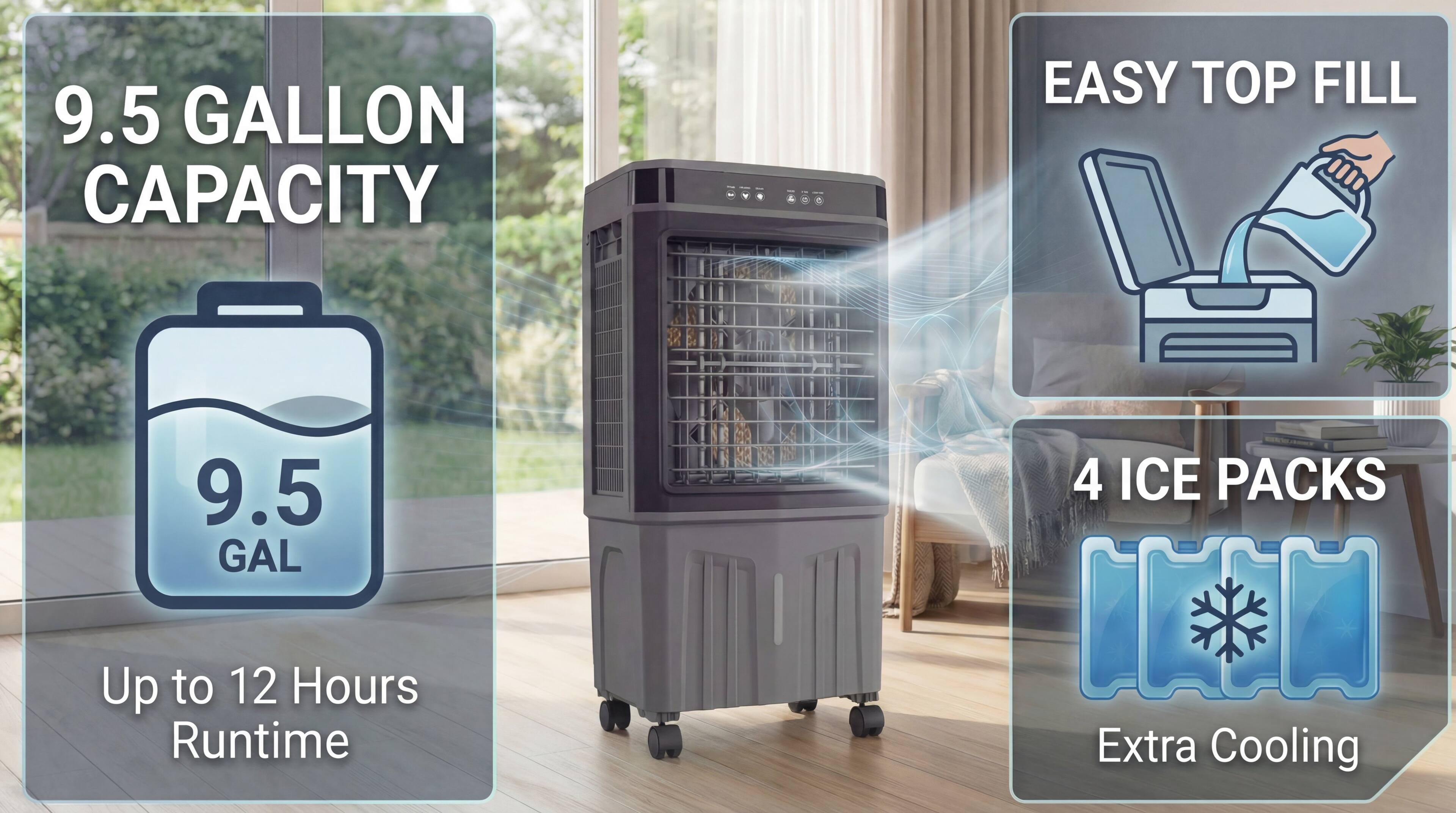 9.5 Gallon Capacity  
Easy Top Fill  
Up to 12 Hours Runtime  
4 Ice Packs  
Extra Cooling