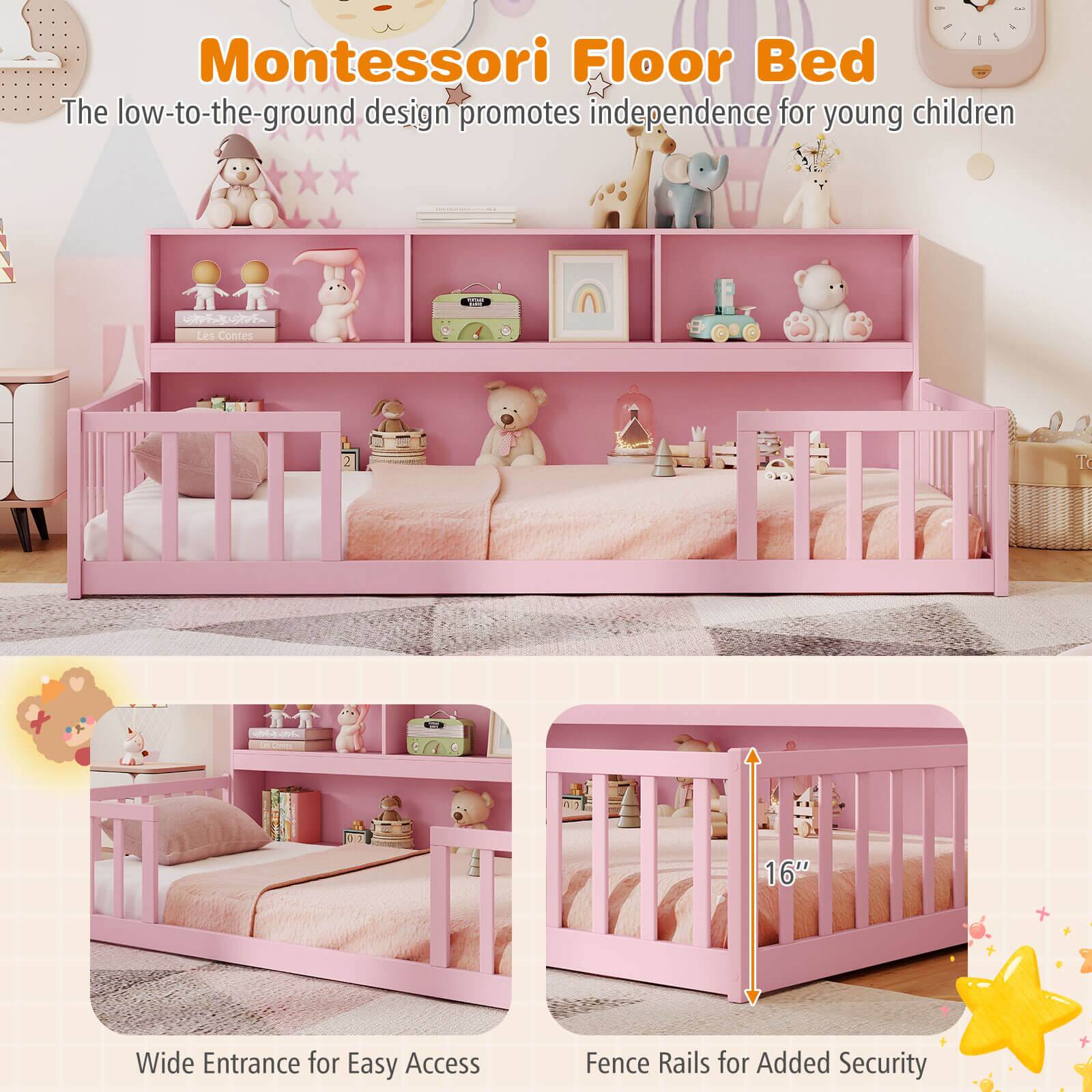 Alt View 8. Costway - Costway Twin Size Montessori Floor Bed with Bookcase Storage Shelves & Safety Fence Rails - Pink.