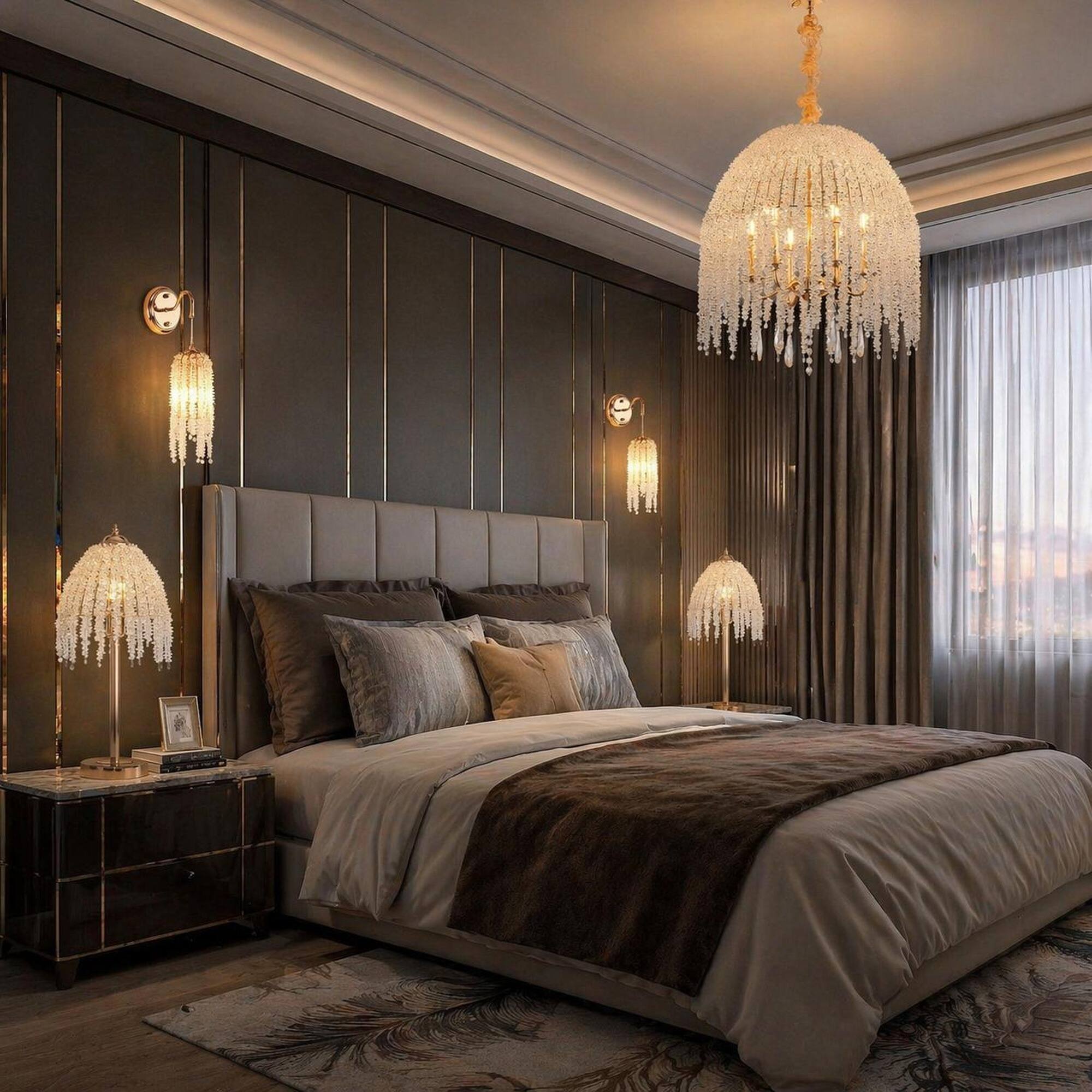 Alt View 4. RYHNUYNE - 19-Inch Crystal Table Lamp with Cascading Bead Shade and Marble-Look Base – Vintage Glam for Living Room, Bedroom - Gold.