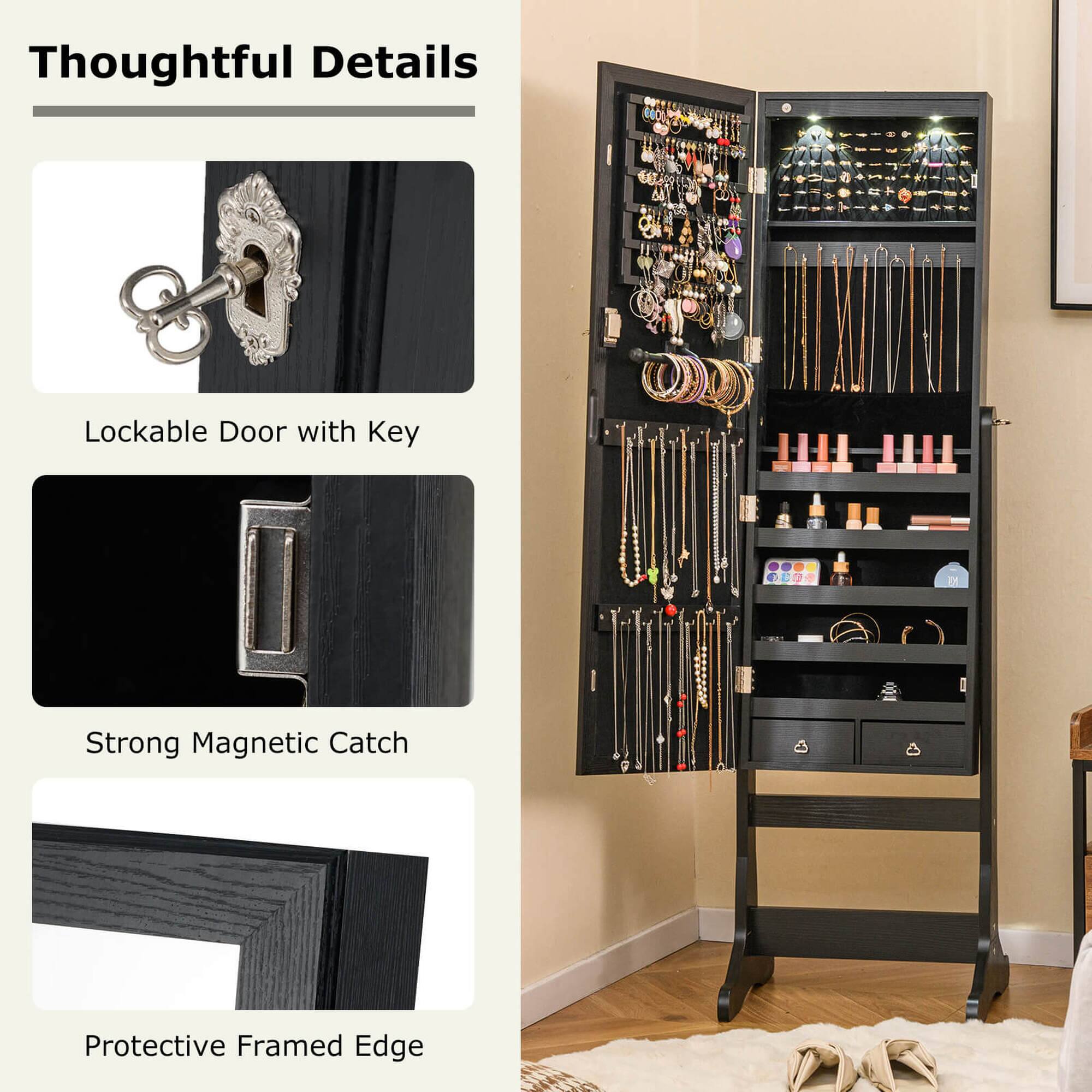 The image features a black cabinet with a lockable door and a key slot. The cabinet is filled with various items, including a strong magnetic catch and a protective framed edge. The cabinet is designed to provide security and organization for the items stored inside.