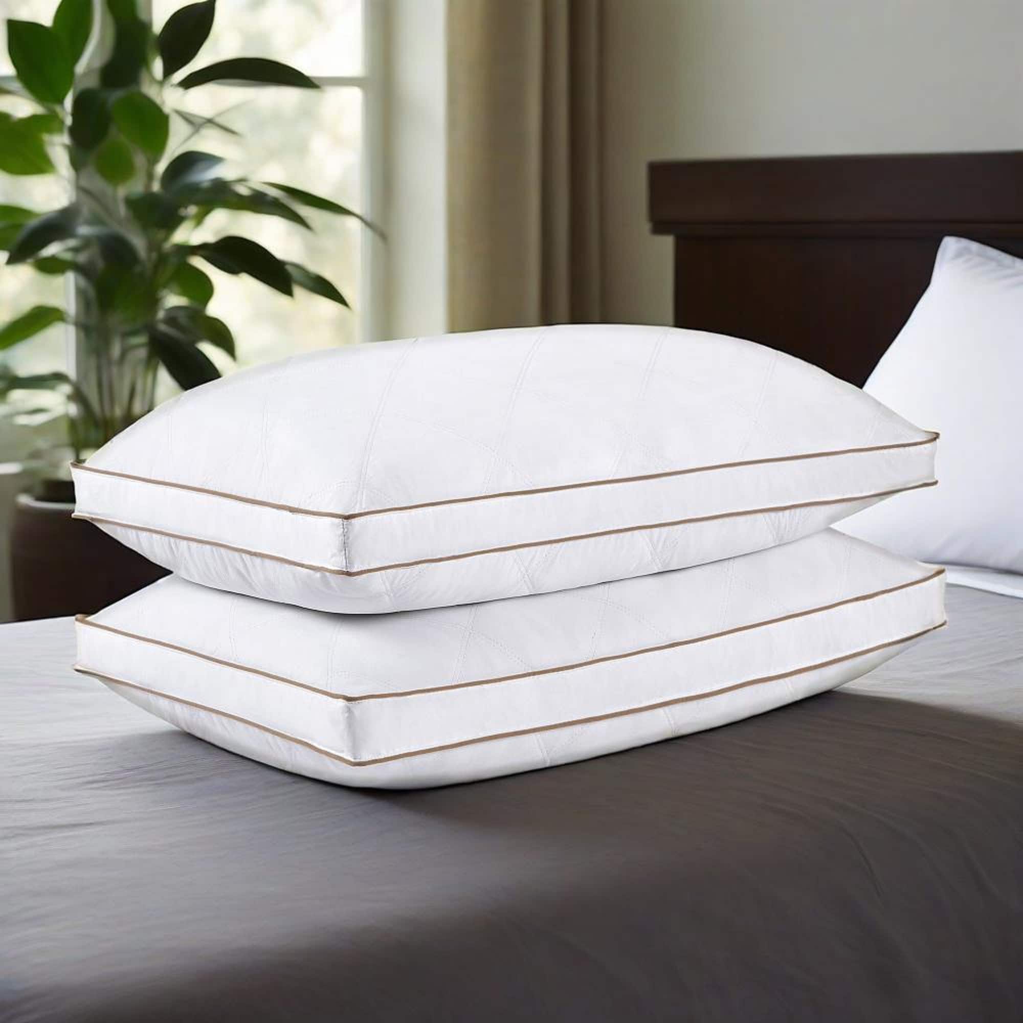 Peace Nest - Medium-Firm Goose Feather Down Bed Pillows Set of 2 with 1.5 inch Gusset - White