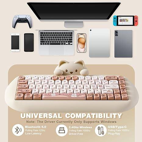 I N P E Y A W E R T U O P E E 33 i A S D F G H J K L C N x C V N M < > 2 I UNIVERSAL COMPATIBILITY Note: The Driver Currently Only Supports Windows Bluetooth 5.0 2.4Ghz Wireless USB/Type-C Polling Rate: 125hz Polling Rate: 1000hz Low-Latency Driver-Free Plug-Play