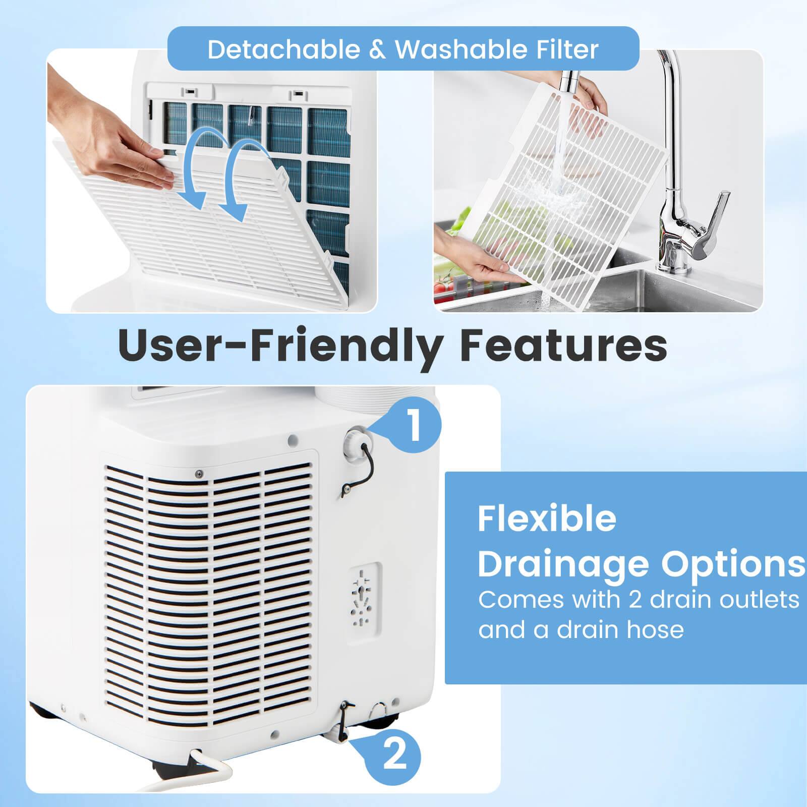 Detachable & Washable Filter
User-Friendly Features
1. Flexible Drainage Options
Comes with 2 drain outlets and a drain hose
2