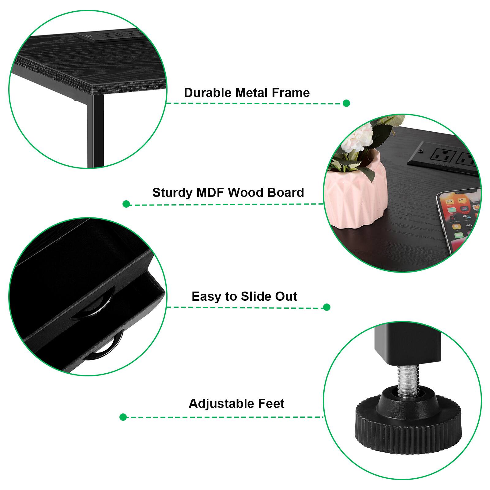 Durable Metal Frame  
Sturdy MDF Wood Board  
Easy to Slide Out  
Adjustable Feet