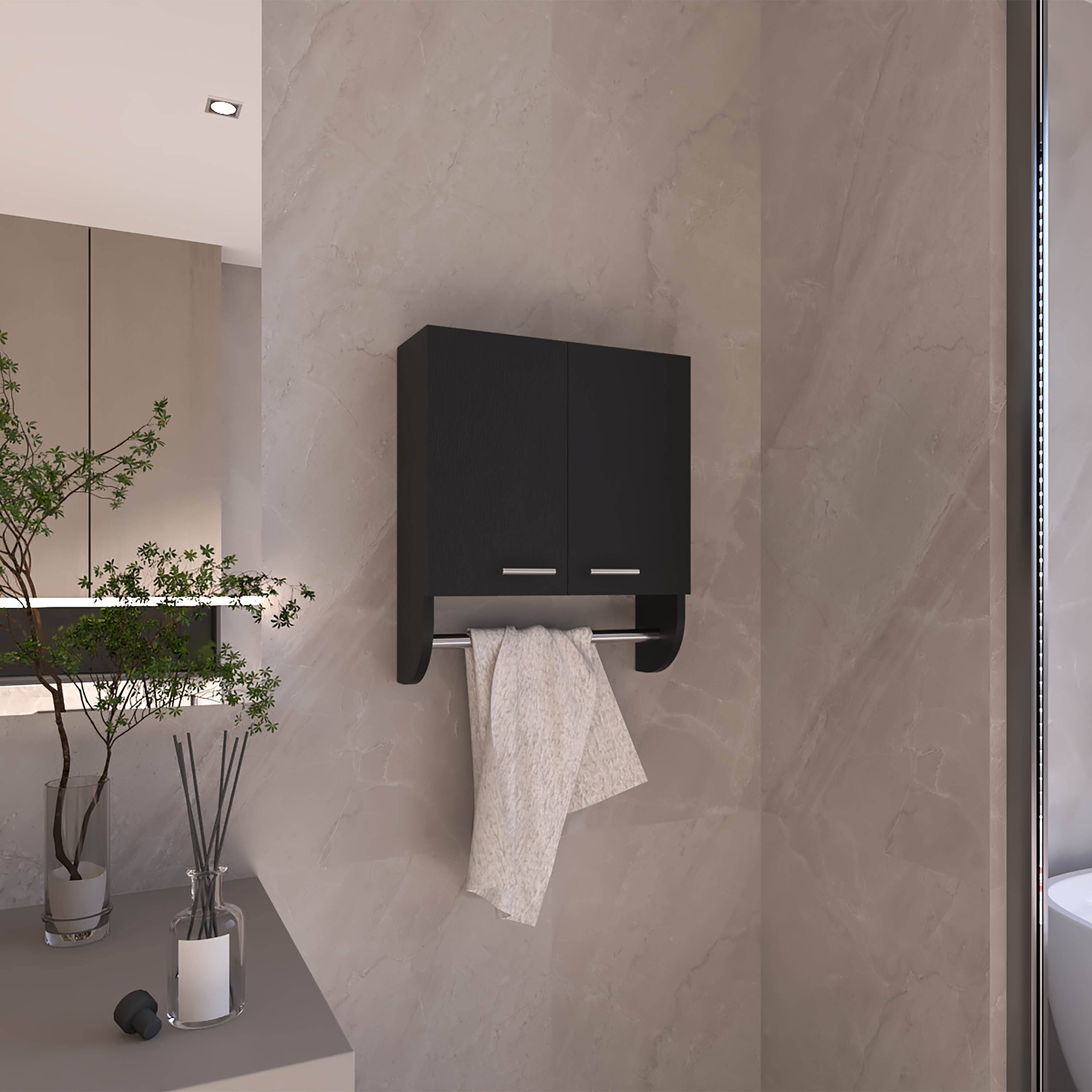 Angle. TuHome - Optim Medicine Cabinet With Towel Holder 17.4" Wide Medice Cabinet Organizer With Two Interior Shelves And Tower Holder. - Black Wengue.