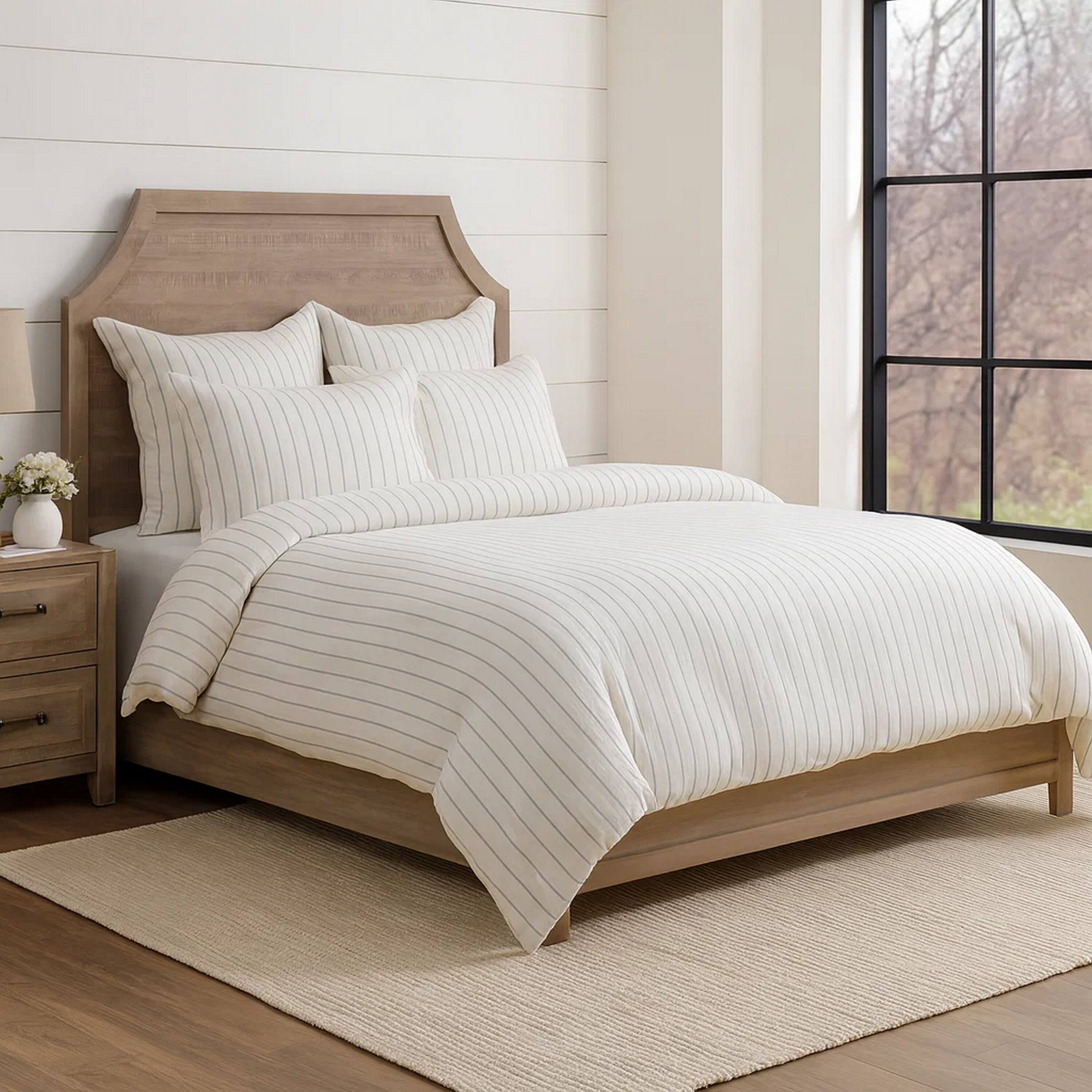 Alt View 2. Manhattan Lane - Tara Queen Size Linen Duvet Cover, Stripe Design and Mitered Corners - Ivory.
