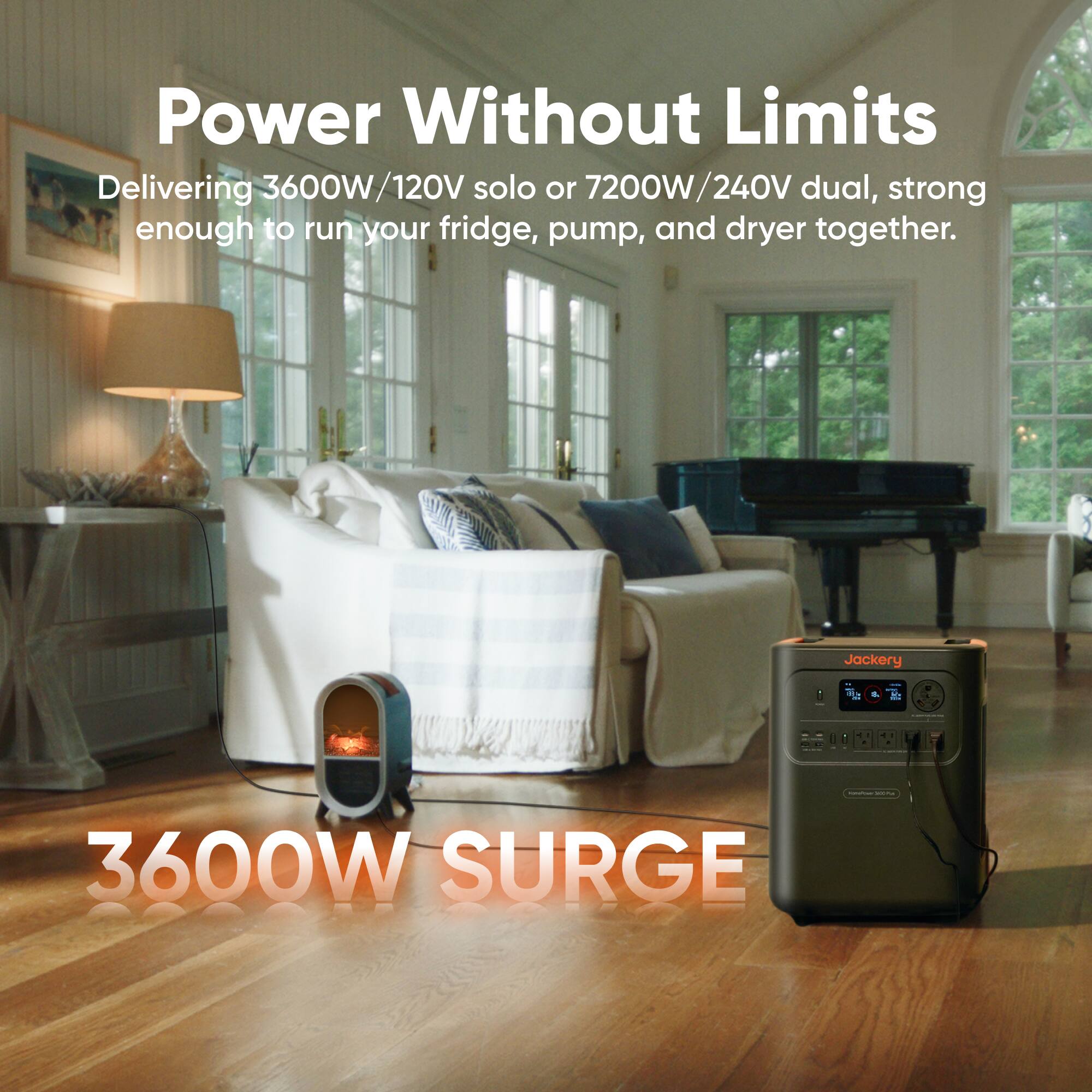 Power Without Limits  
Delivering 3600W/120V solo or 7200W/240V dual, strong enough to run your fridge, pump, and dryer together.  
3600W SURGE