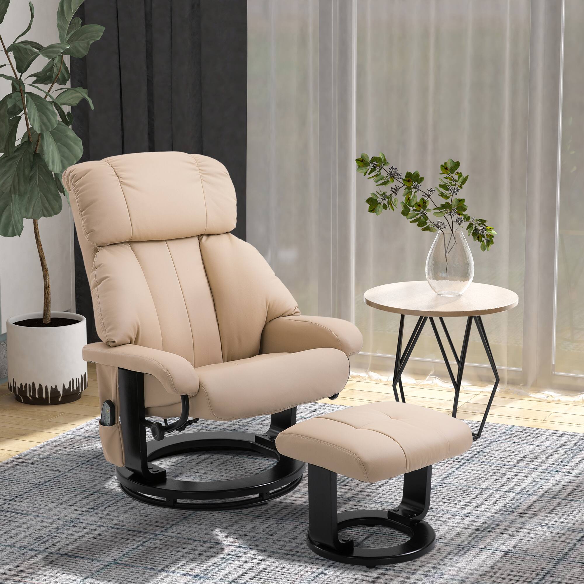 Alt View 1. Homcom - Massage Recliner Chair with Ottoman: 360° Swivel & Footstool, 10 Point Vibration PU Leather w/Side Pocket - Beige.
