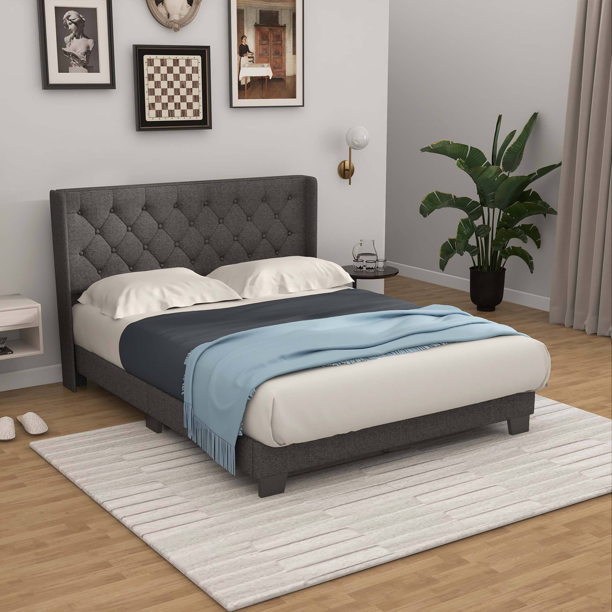 Alt View 1. Costway - Costway Full Size Upholstered Platform Bed Tufted Headboard Mattress Foundation - Grey.