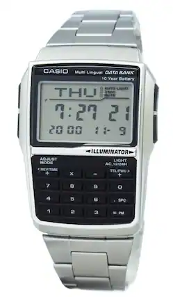 CASIO Multi Lingual DATA BANK
10 Year Battery
AUTO LIGHT
3 sec.
MUTE
7:27 21
2000 11-9
ILLUMINATOR
LIGHT AC, 12/24H
TEL/FWD
ADJUST MODE
REV/TIME
7 8 9
4 5 6
1 2 3
SPC
= PM