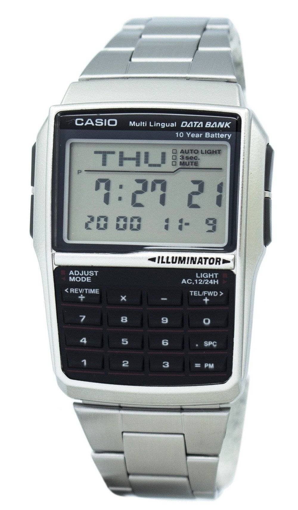 CASIO Multi Lingual DATA BANK  
10 Year Battery  
AUTO LIGHT  
3 sec.  
MUTE  
7:27 21  
2000 11-9  

ILLUMINATOR  
LIGHT AC, 12/24H  
TEL/FWD  

ADJUST MODE  
REV/TIME  

7 8 9  
4 5 6  
1 2 3  
SPC  
= PM