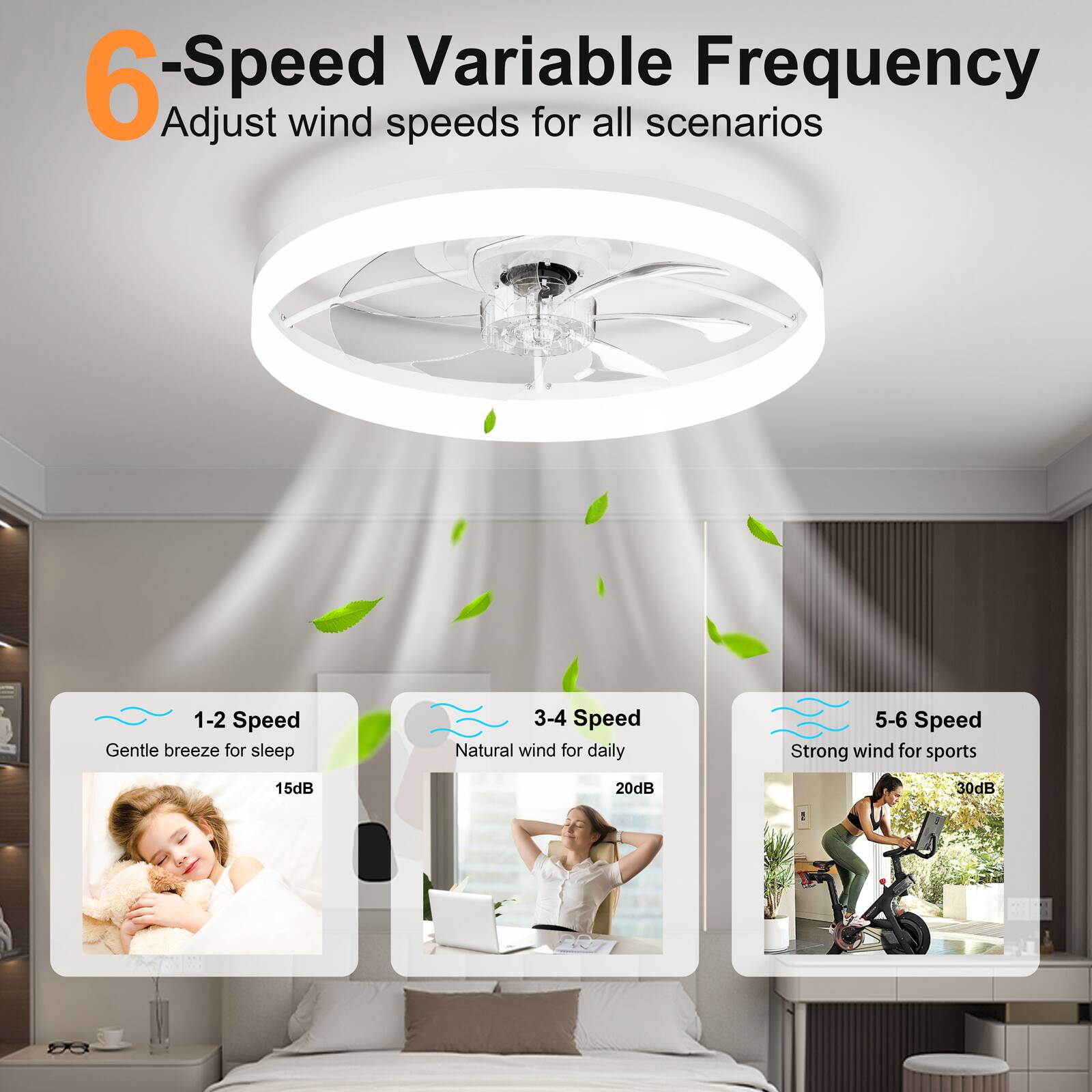 6-Speed Variable Frequency  
Adjust wind speeds for all scenarios  

1-2 Speed  
Gentle breeze for sleep  
15dB  

3-4 Speed  
Natural wind for daily  
20dB  

5-6 Speed  
Strong wind for sports  
30dB
