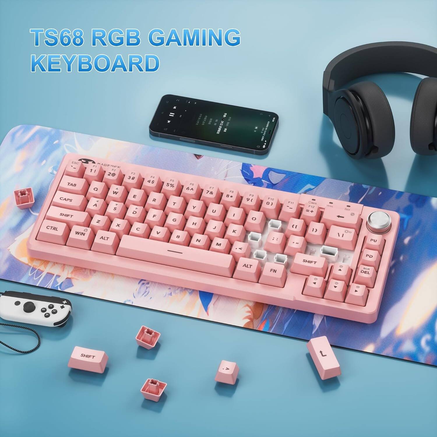 TS68 RGB GAMING KEYBOARD

ESC F1 MAGEREE F2 1! F3 2@ 3# TAB Q W E CAPS A S D SHIFT Z X CTRL A C WIN ALT
F4 4$ F5 5% R T F G V 
F6 6^ F7 7& F8 8* Y U I O P
F9 9( F10 0) 
F11 1} F12 =+ 
Caps F12 =+ 
We Ser 1/
PU
ALT
FN
SHIFT
PD SCR DEL