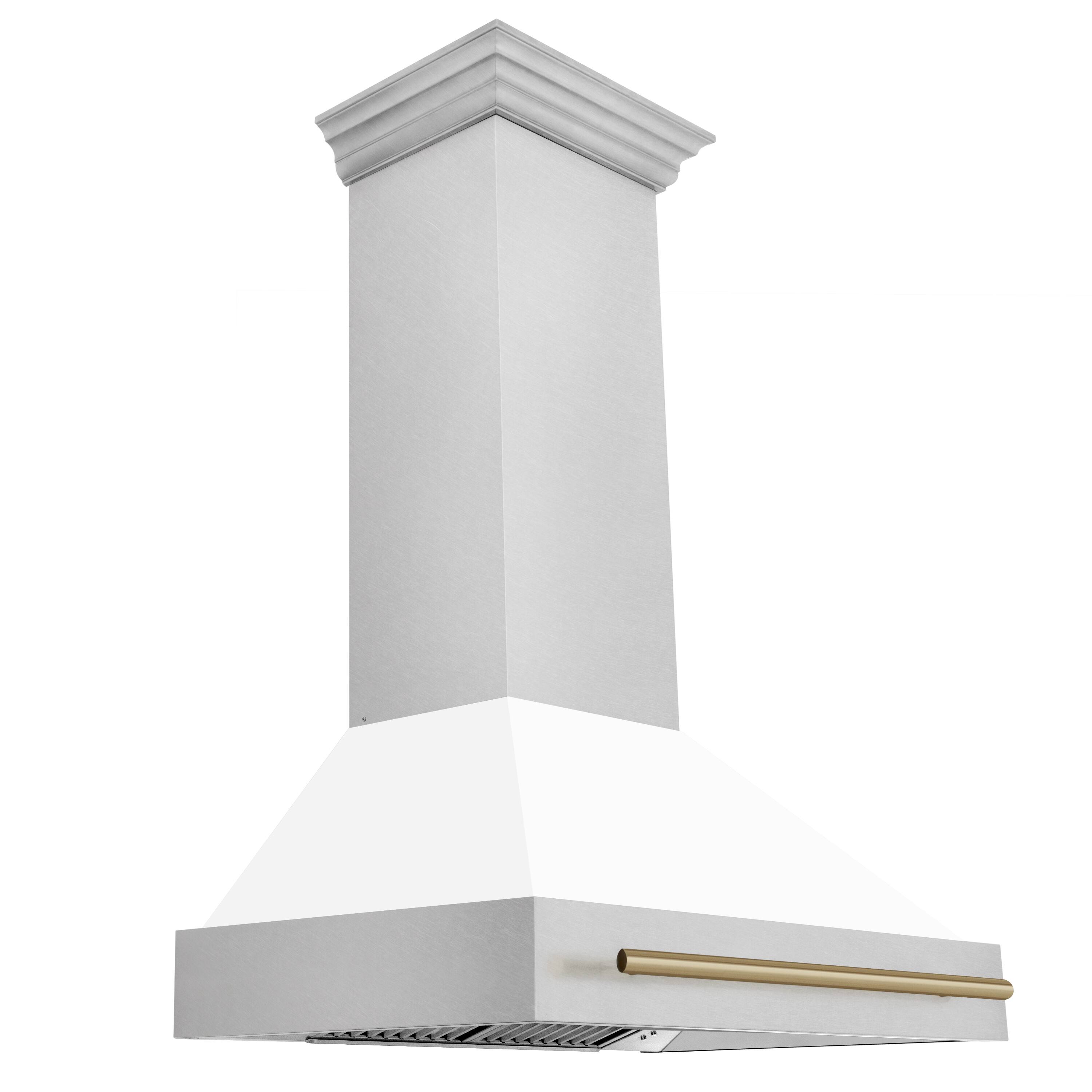 Left. ZLINE - ZLINE Autograph 36 in. Satin Stainless Steel Wall Mount Range Hood with White Matte Shell and Champagne Bronze Handle - Satin Stainless Steel with White Matte Shell.