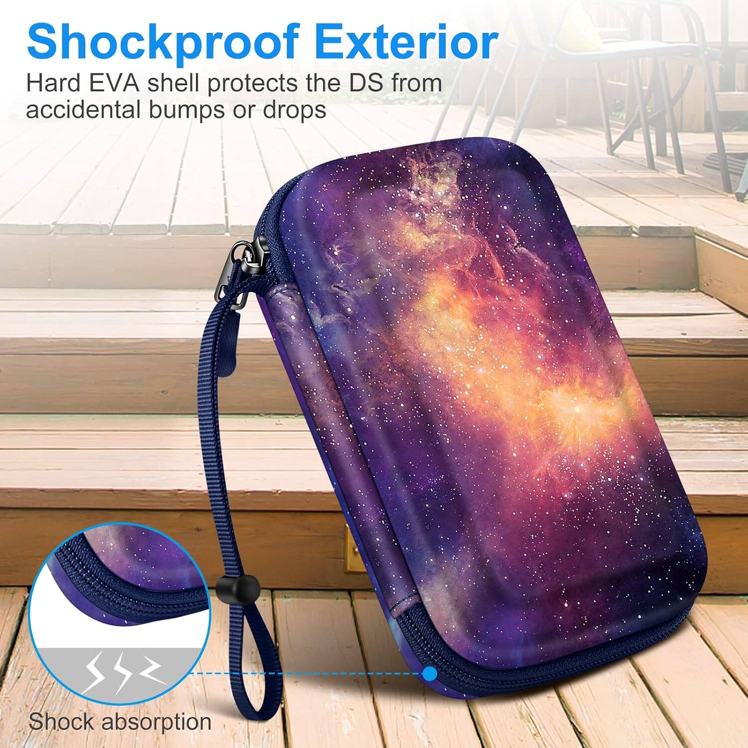 Shockproof Exterior  
Hard EVA shell protects the DS from accidental bumps or drops  
Shock absorption