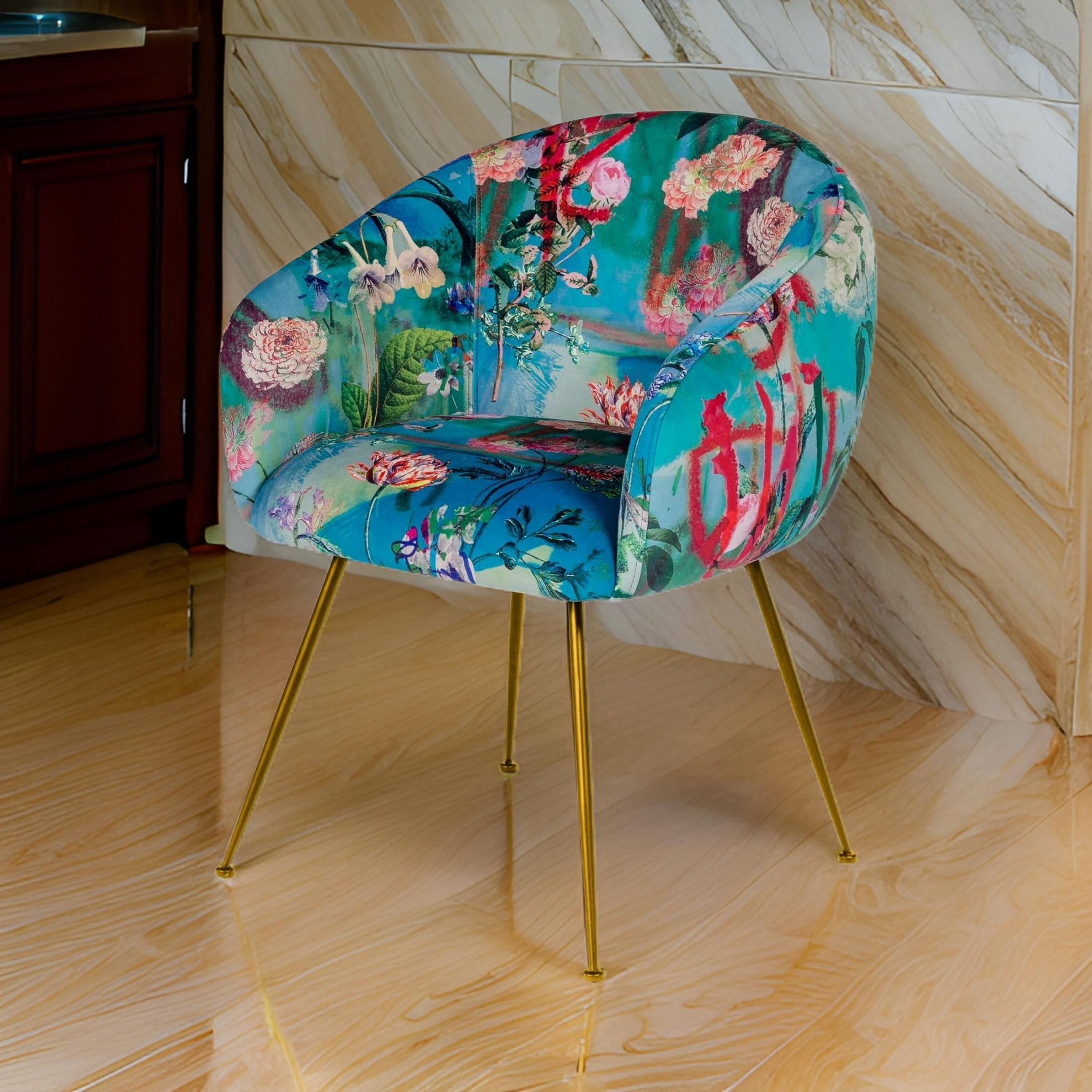 Alt View 2. Manhattan Lane - 25 Inch Dining Chair, Floral Design,  Legs,  Velvet Upholstery - Blue, Gold, Multicolor.