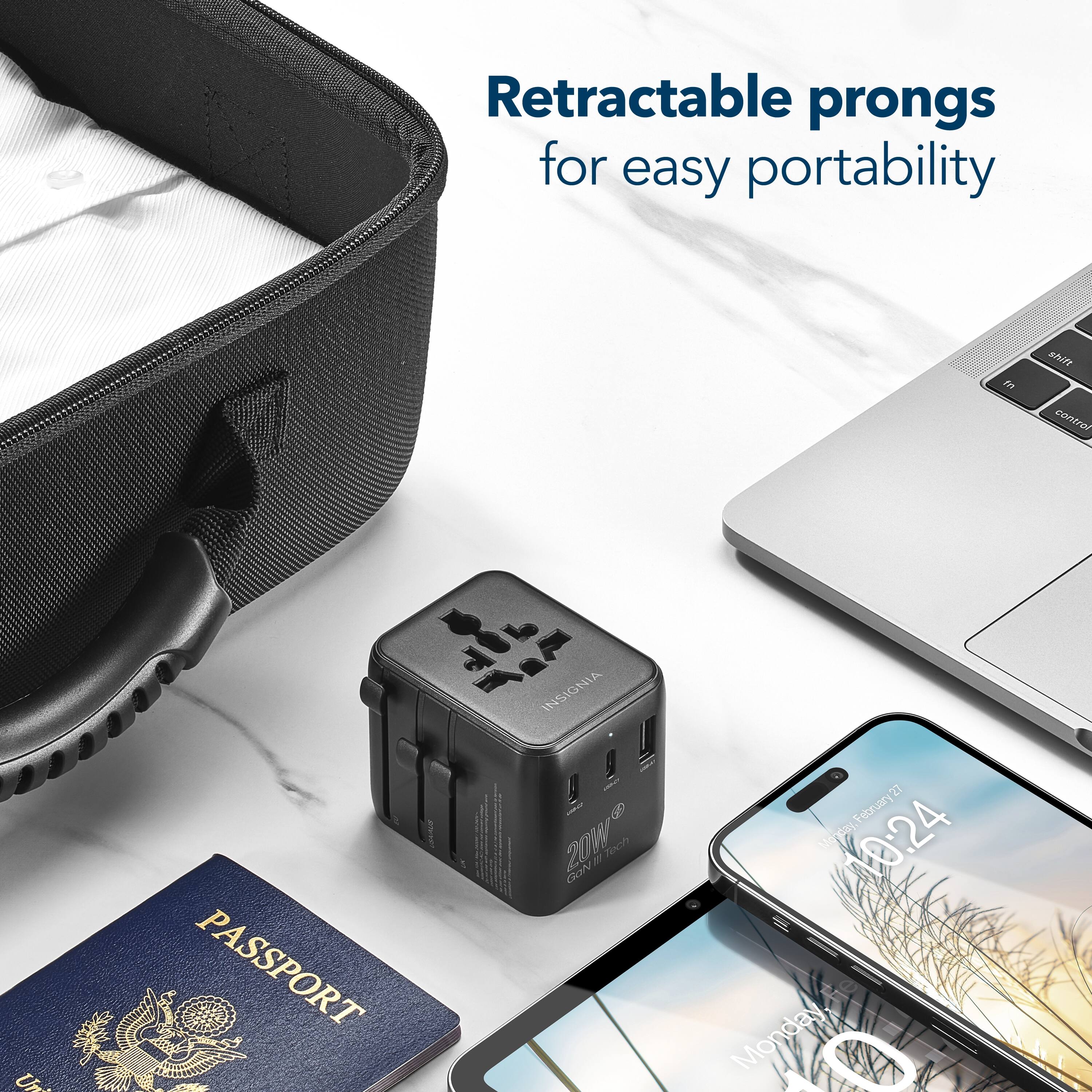 Retractable prongs for easy portability, TVala contras Un PASSPORT, INSIGNIA 20W GON 27 Megtay, February 10:24, Monday.