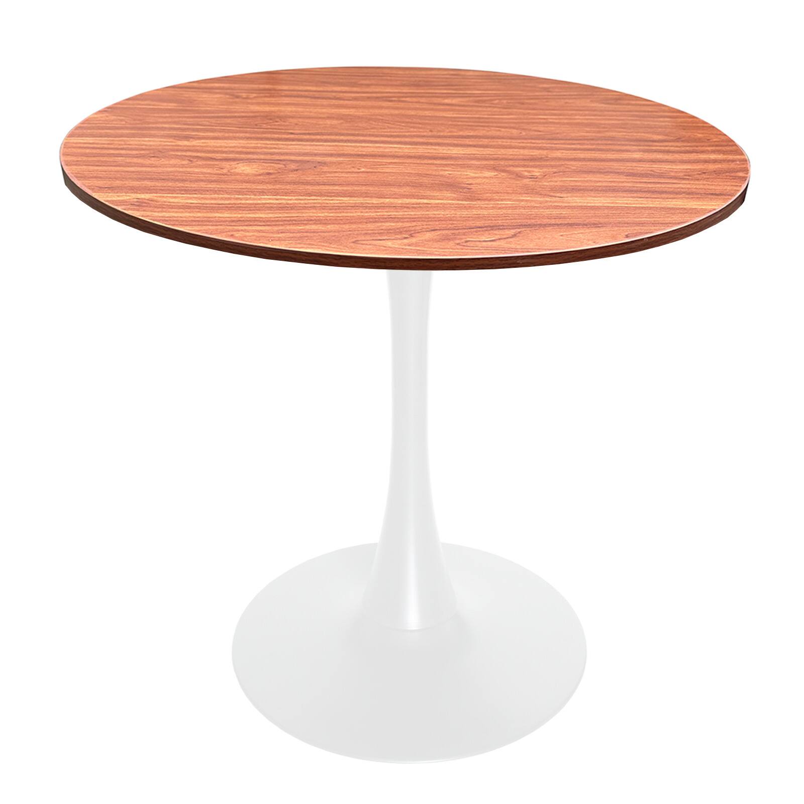 Front. LeisureMod - Bristol 36" Round Contemporary Dining Table - MDF Circular Top & White Metal Pedestal Base for Kitchens - MDF - Cognac Brown.