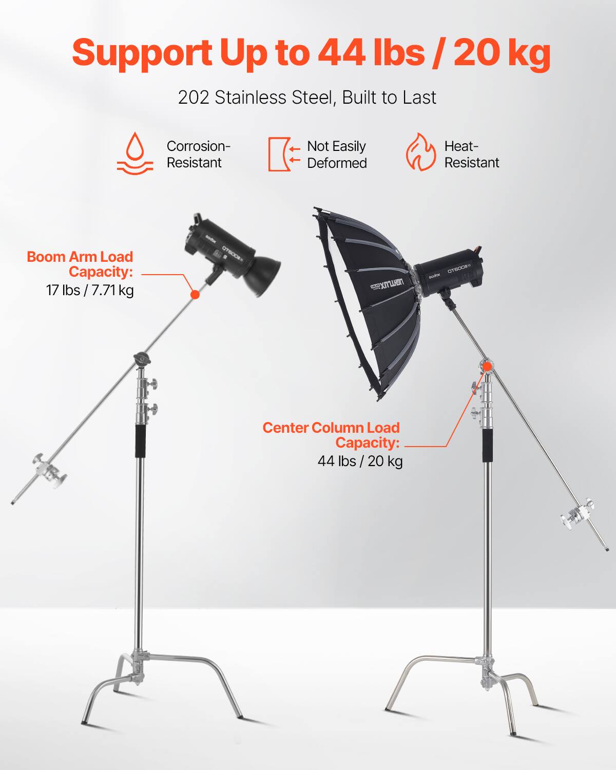 Support Up to 44 lbs / 20 kg

202 Stainless Steel, Built to Last

- Corrosion-Resistant
- Not Easily Deformed
- Heat-Resistant

Boom Arm Load Capacity: 17 lbs / 7.71 kg

Center Column Load Capacity: 44 lbs / 20 kg