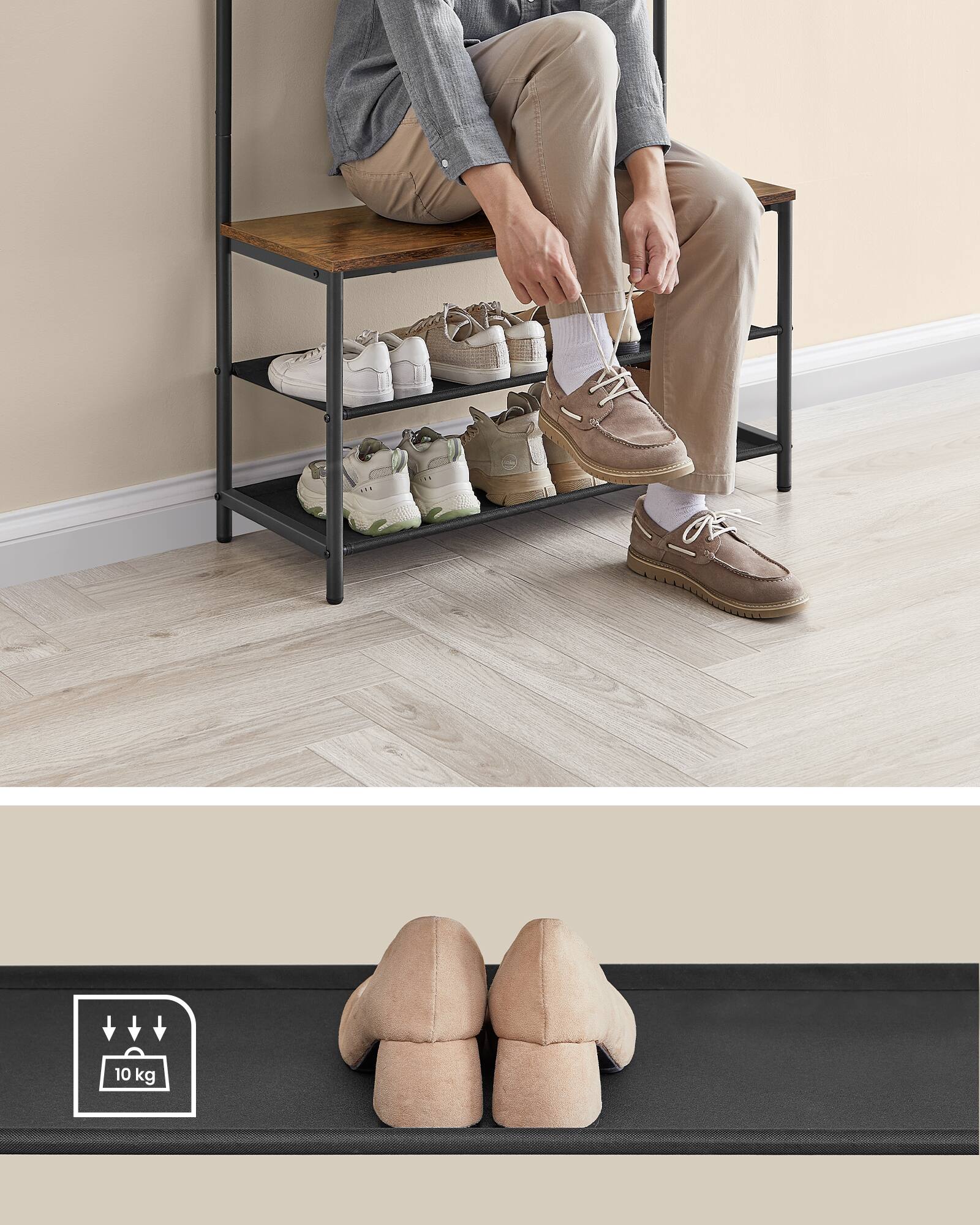Back. Songmics Home - Hall Tree with Bench and Shoe Storage, Entryway Bench with Coat Rack Stand and Shoe Rack, 9 Movable Hooks, Top Bar - Rustic Brown and Black.