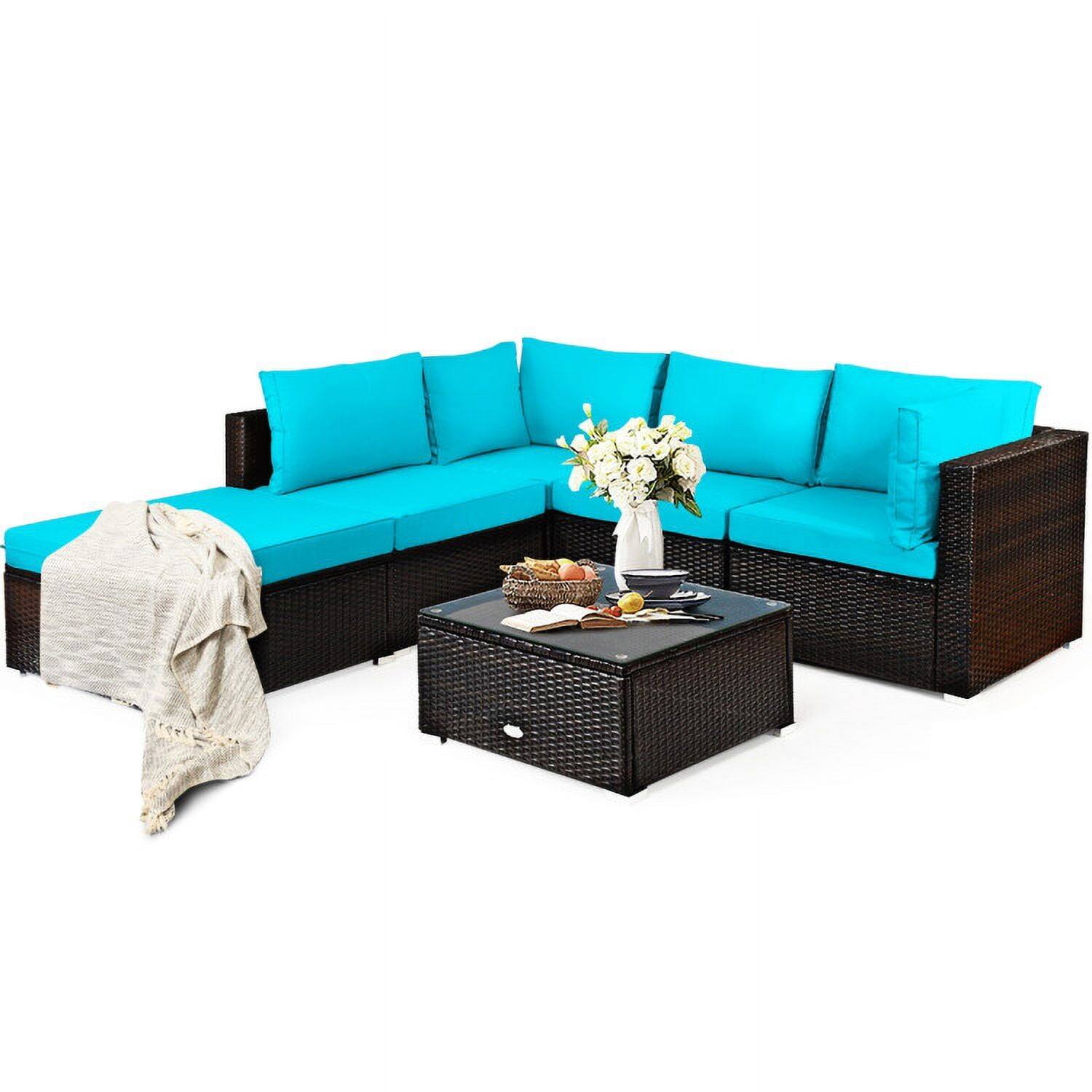Angle. Kadyn - 6 Pieces Outdoor Patio Rattan Furniture Set Sofa Ottoman-Turquoise, Patio Seating Conversation Set - Blue.