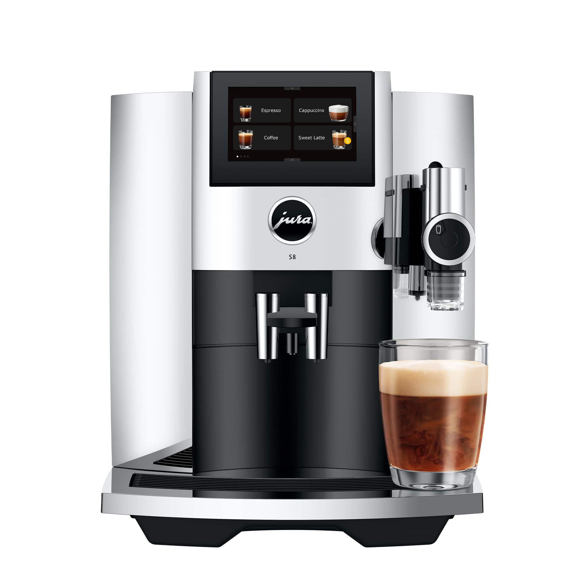 The image features a Jura coffee machine, which is a modern espresso machine. The machine is black and silver and has a digital display. It is filled with coffee and ready to serve. A glass of coffee is placed next to the machine, and the coffee is frothy, indicating that it has been freshly made. The machine is designed to make espresso, cappuccino, and coffee, and it is a popular choice for coffee enthusiasts.