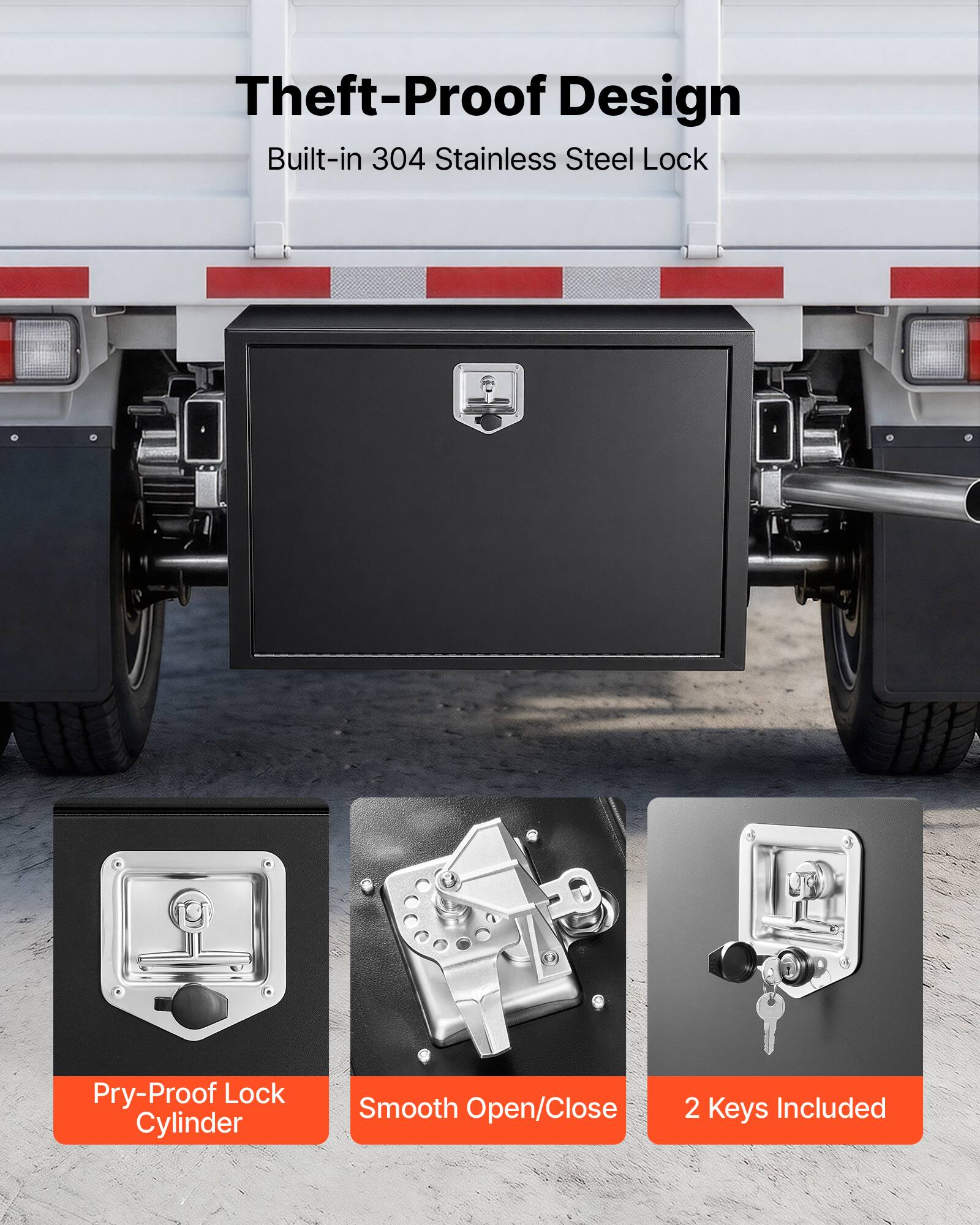 Theft-Proof Design  
Built-in 304 Stainless Steel Lock  

- Pry-Proof Lock Cylinder  
- Smooth Open/Close  
- 2 Keys Included