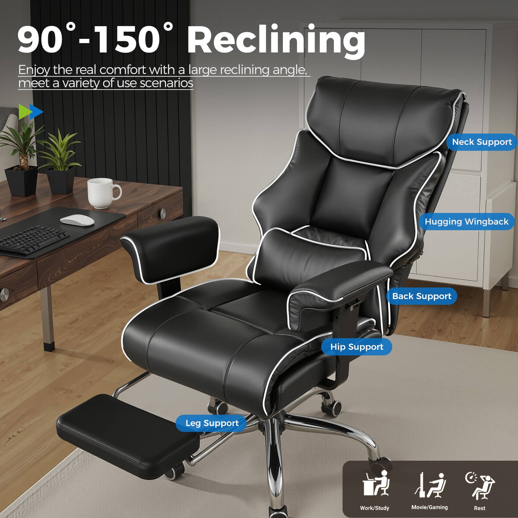 90-150 Reclining Chair: Enjoy the real comfort with a large reclining angle that meets a variety of use scenarios. This chair features neck support, hugging wingback, back support, hip support, and leg support, making it suitable for work, study, movie/gaming, and rest.