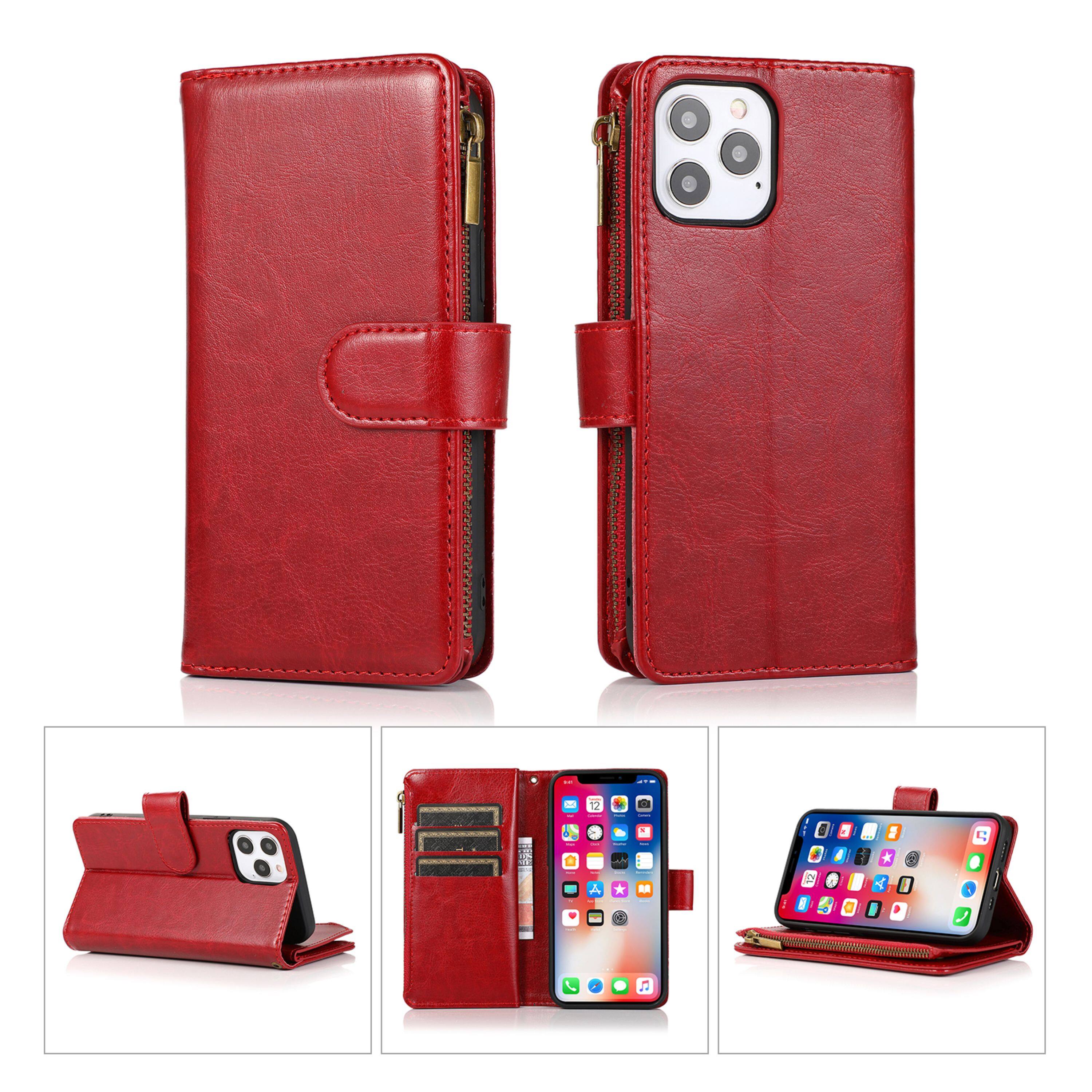 Angle. Kitcheniva - PU Leather Phone Wallet Zipper With Tempered Glass For iPhone 12/12 Pro Red - Red.