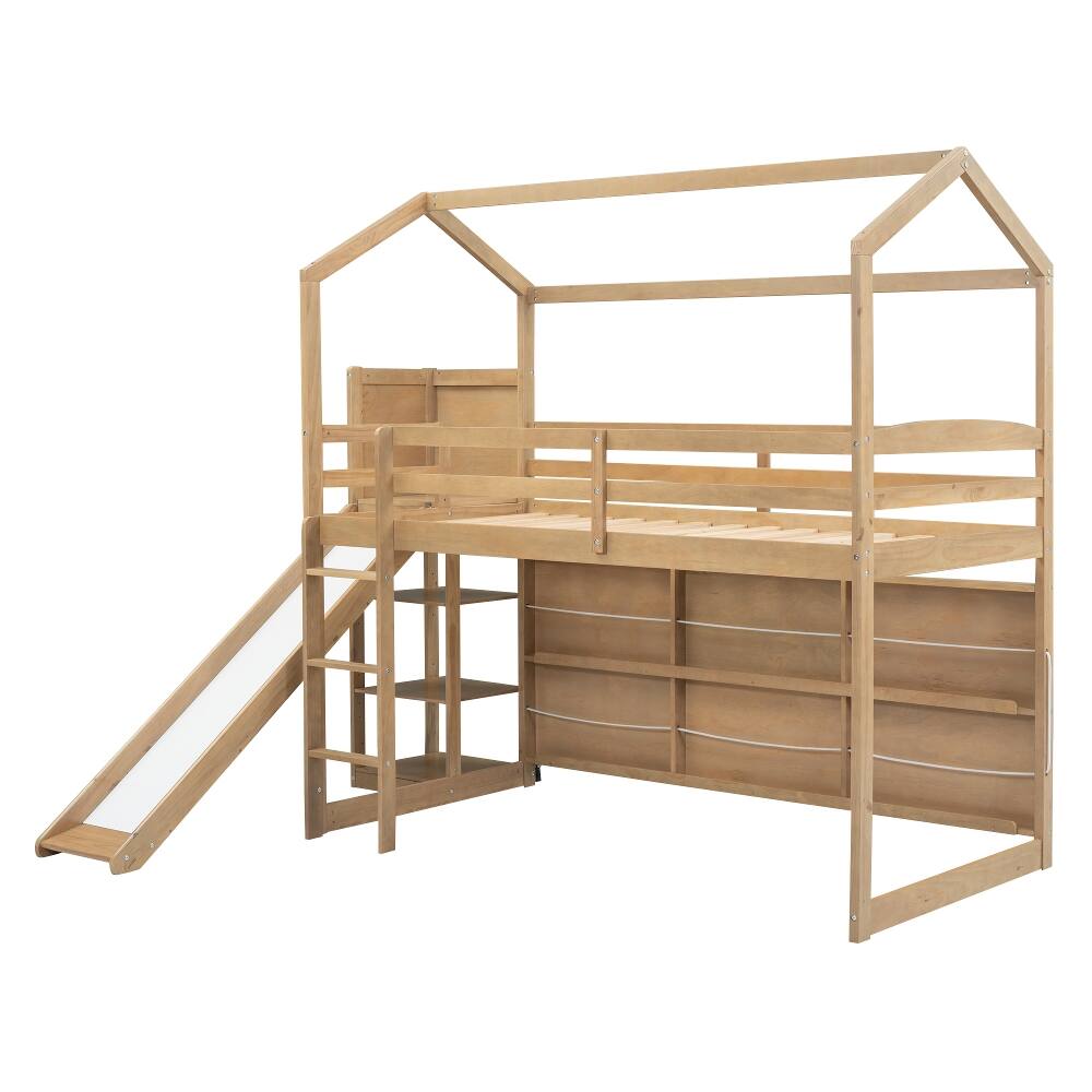 Alt View 6. Loheer - Loheer Twin Loft Bed with Slide and Storage, Wood House Bed Frame - Wood Color.
