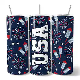 OrnamentallyYou - Fireworks USA Block Letters 20oz Tumbler With Stainless Steel Straw, VJuly 4th Patriotic Gift Cup - Multicolored