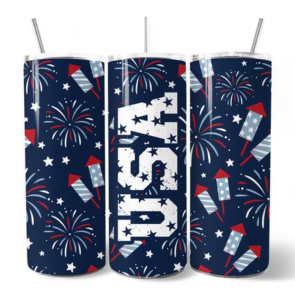 Front. OrnamentallyYou - Fireworks USA Block Letters 20oz Tumbler With Stainless Steel Straw, VJuly 4th Patriotic Gift Cup - Multicolored.
