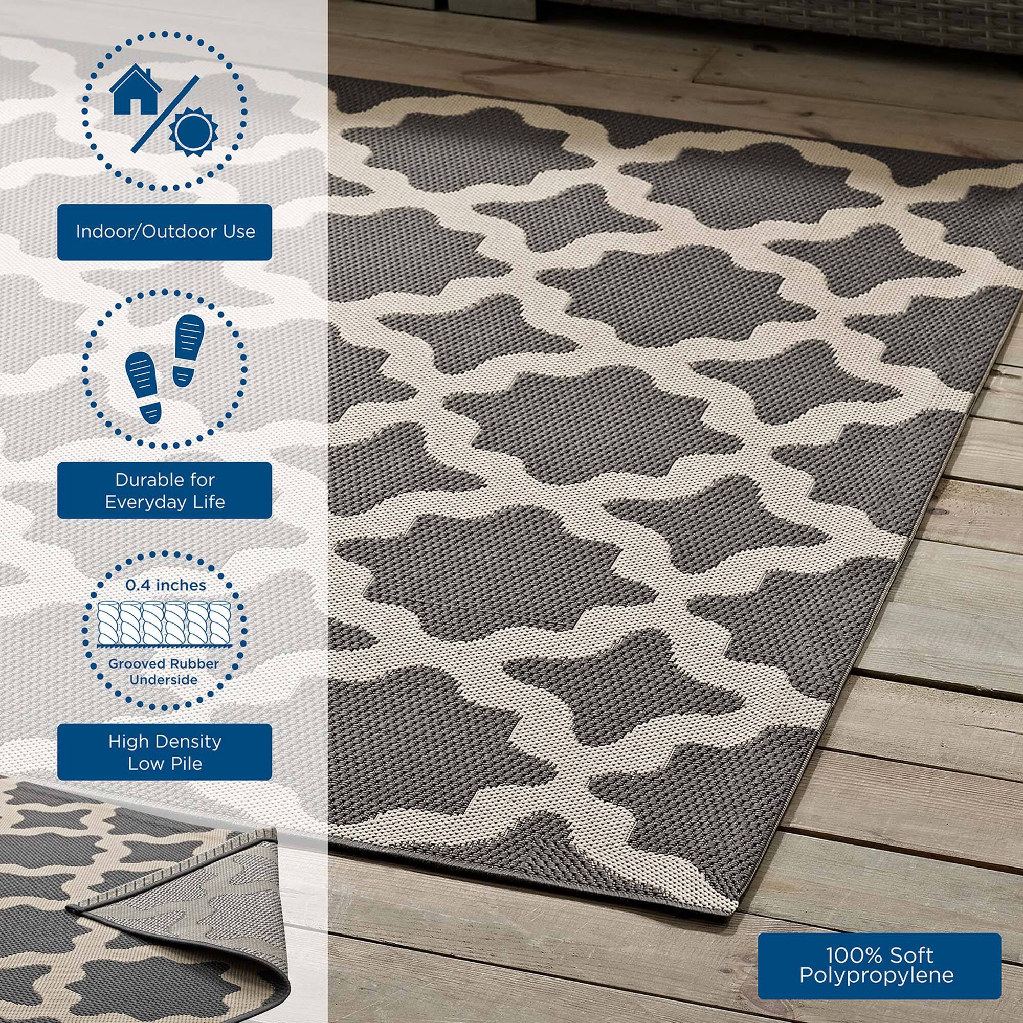 Indoor/Outdoor Use  
Durable for Everyday Life  
0.4 inches Grooved Rubber Underside  
High Density Low Pile  
100% Soft Polypropylene