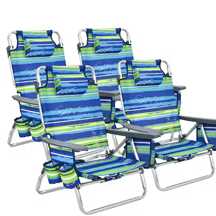 Front. Pefilos - 4-Pack 5-Position Outdoor Folding Backpack Beach Reclining Chair with Pillow-Blue, Folding Beach Chair - Blue.