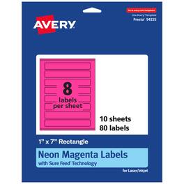Avery - Printable Rectangle Labels, Neon Magenta, 1" x 7", 80ct - Pink