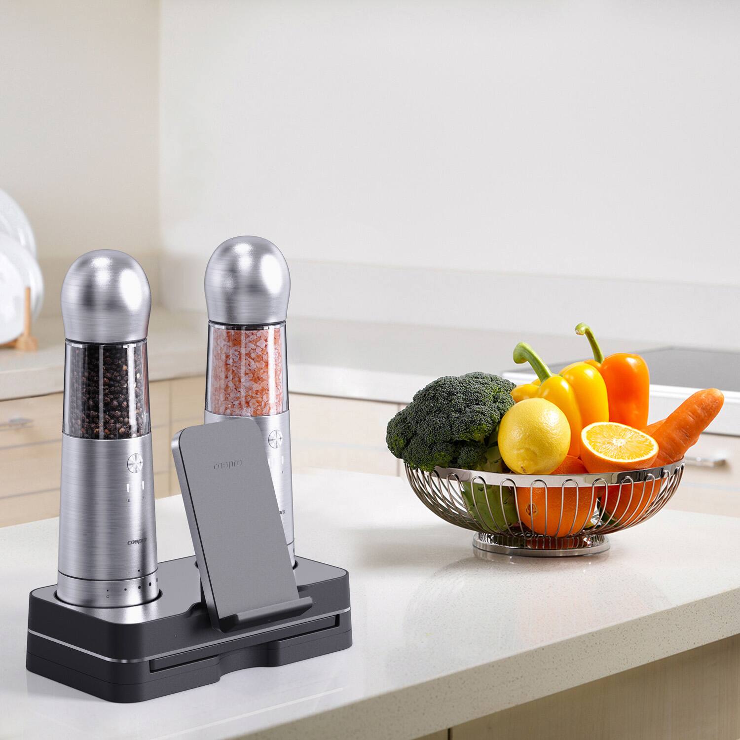 Alt View 2. Cospro - Electric Salt and Pepper 2 Grinders with Smart Phone Charging Pad - Stainless Steel.