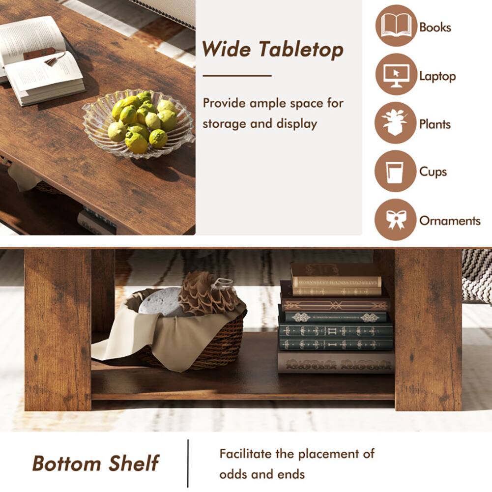 Wide Tabletop  
Provide ample space for storage and display  
- Books  
- Laptop  
- Plants  
- Cups  
- Ornaments  

Bottom Shelf  
Facilitate the placement of odds and ends