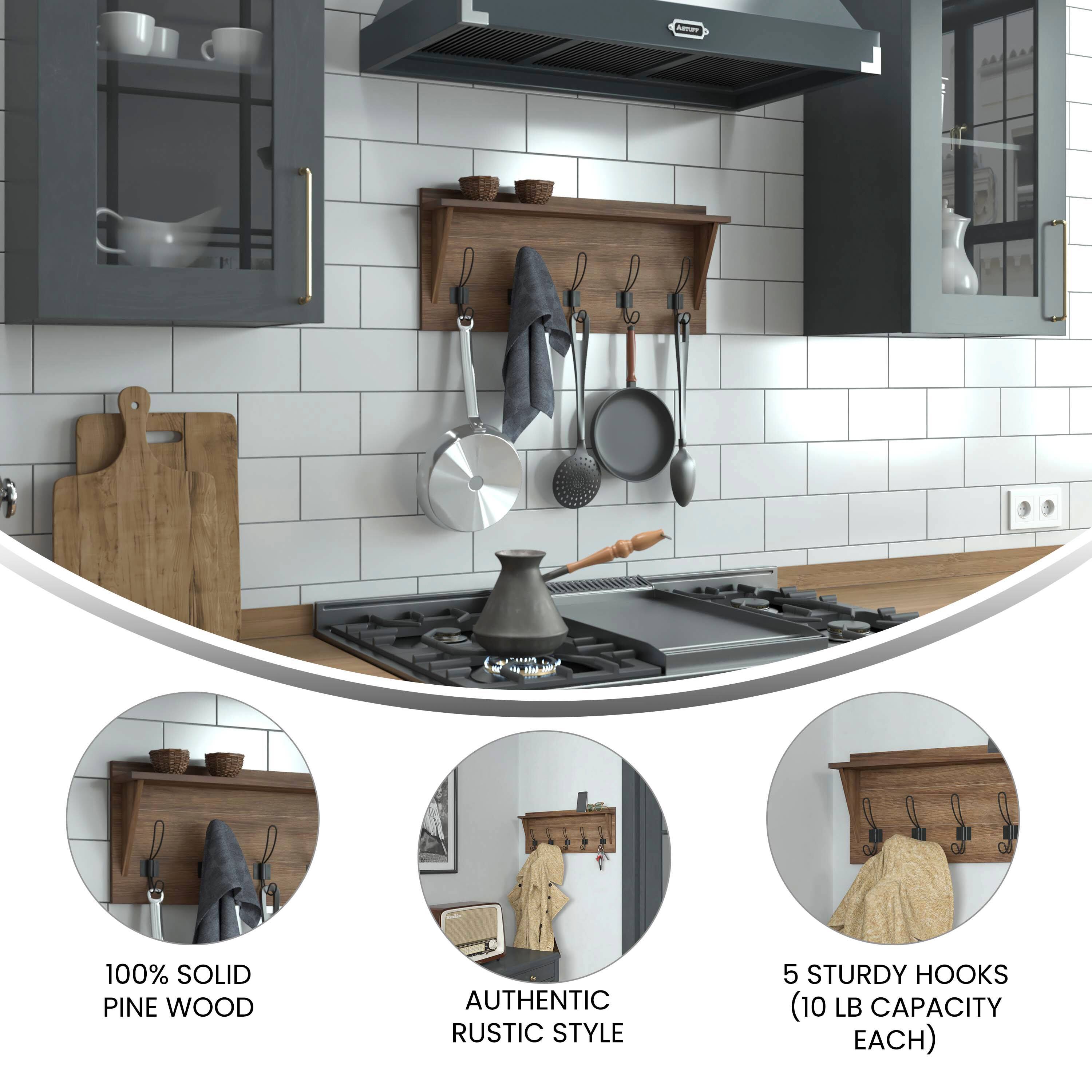 Aom .... m 100% SOLID PINE WOOD AUTHENTIC RUSTIC STYLE 5 STURDY HOOKS (10 LB CAPACITY EACH)