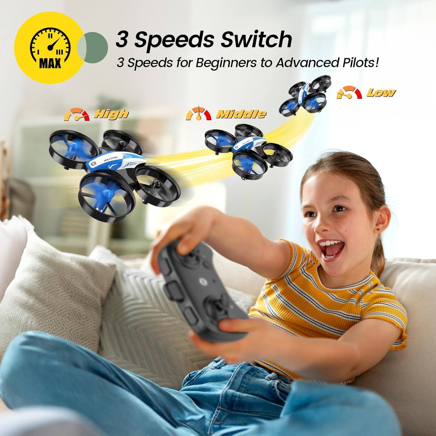 3 Speeds Switch  
3 Speeds for Beginners to Advanced Pilots!  
High  
Middle  
Low